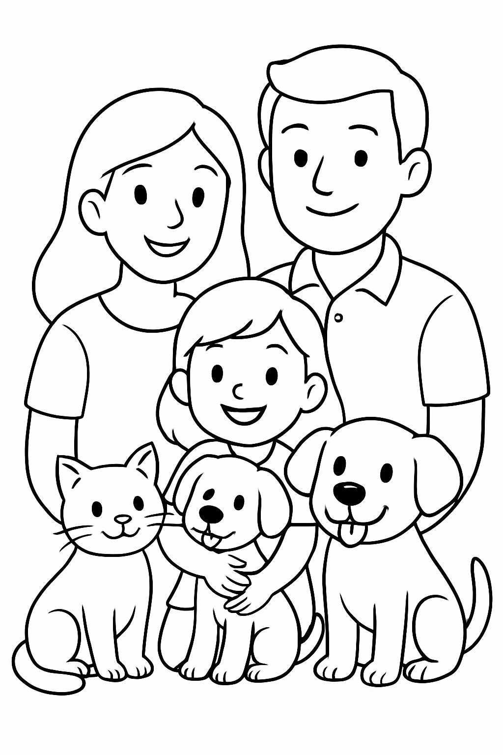 Um casal com uma crianca dois cachorrinhos e uma gata para colorir — desenho para imprimir