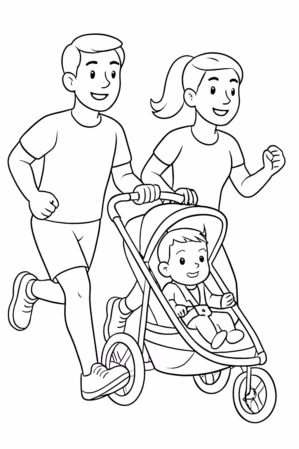 Um casal correndo empurrando um carrinho thule urban glide com para colorir — desenho para imprimir