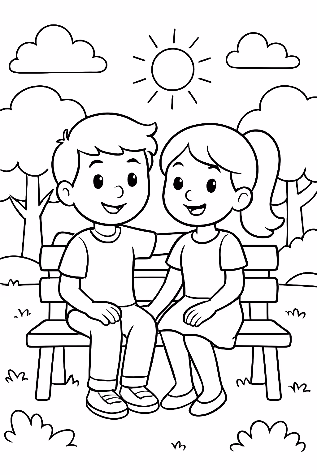 Um casal de amigos em um parque para colorir — desenho para imprimir