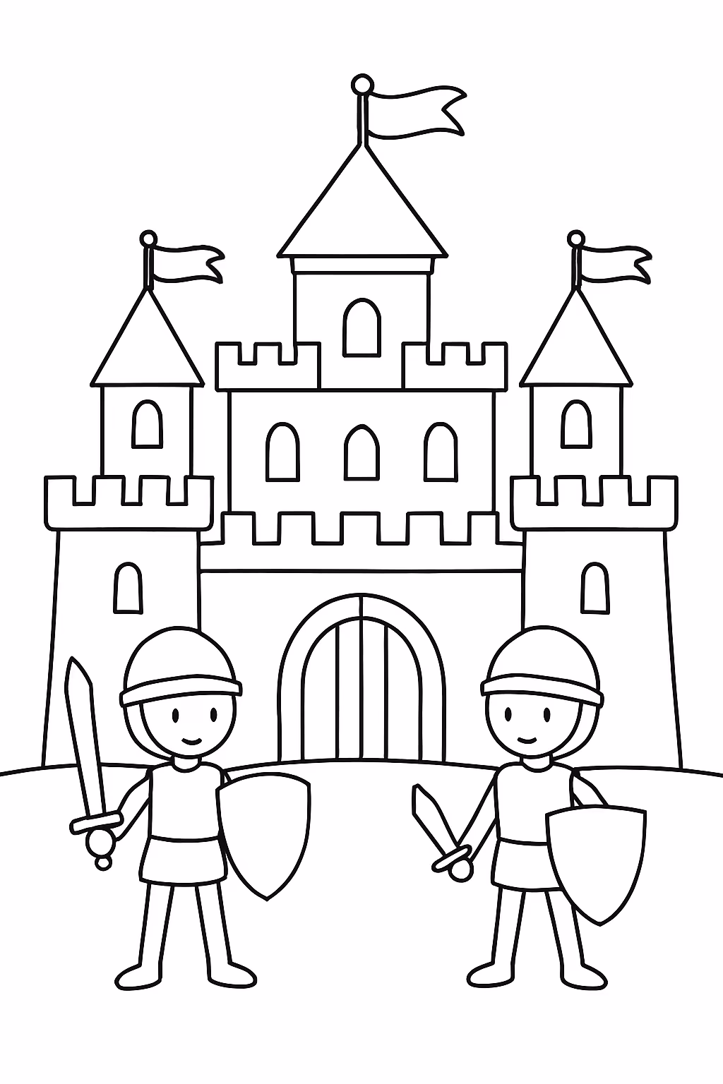 Um castelo com gurreiros de palitos na frente para colorir — desenho para imprimir
