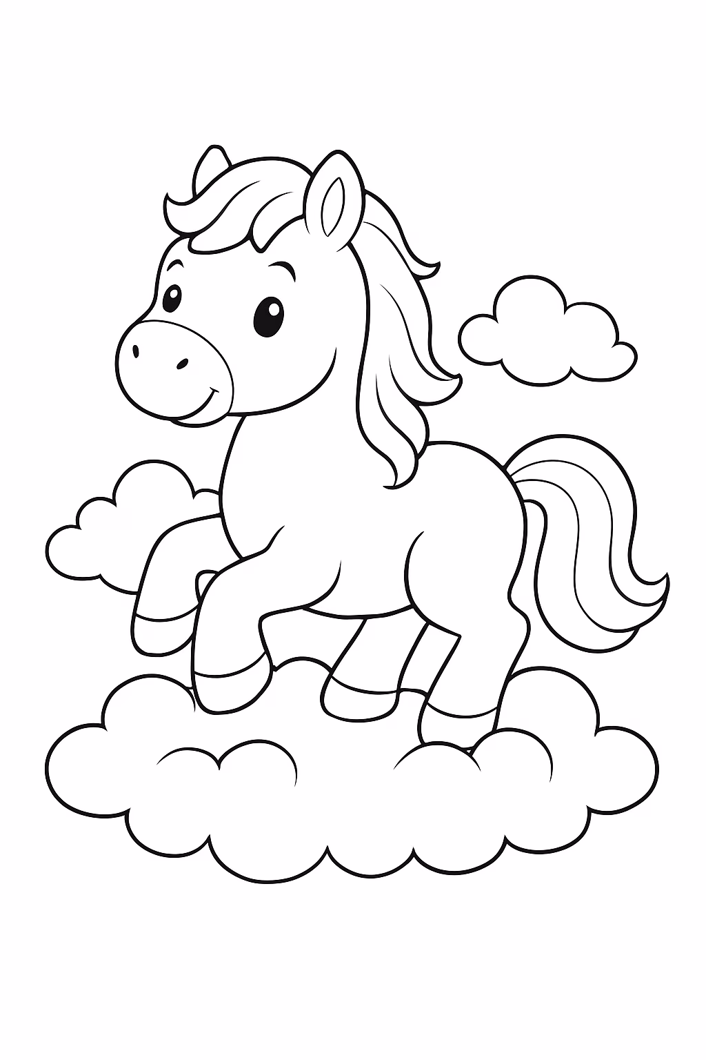 Um cavalinho fofo nas nuvens para colorir — desenho para imprimir