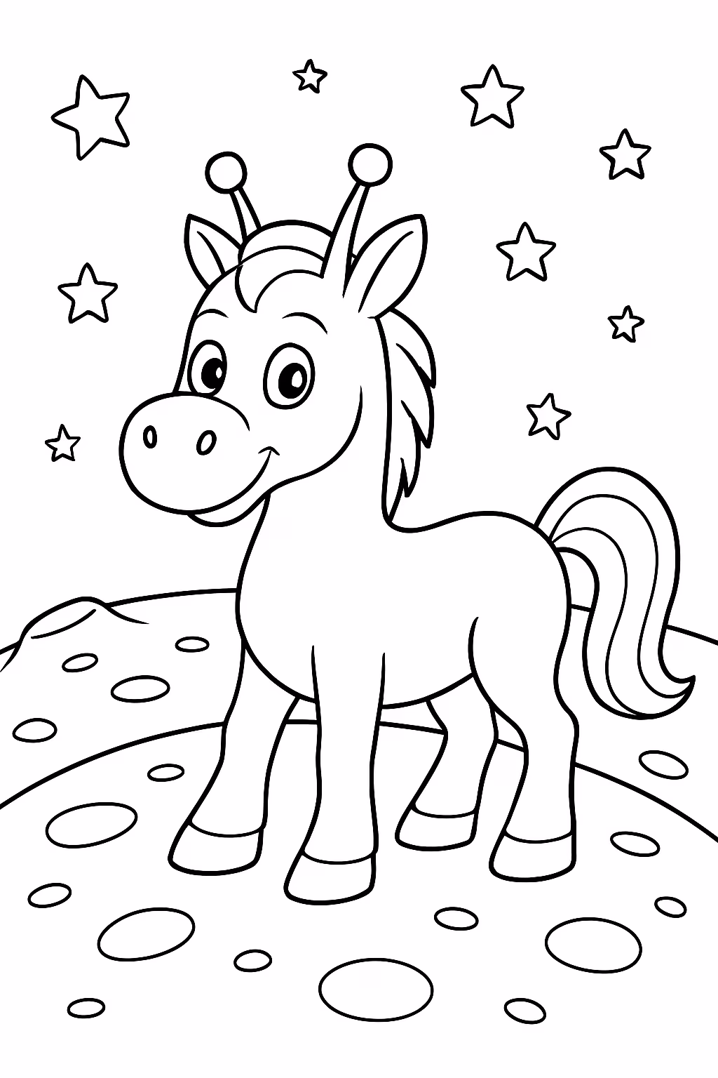 Um cavalo alien na lua para colorir — desenho para imprimir