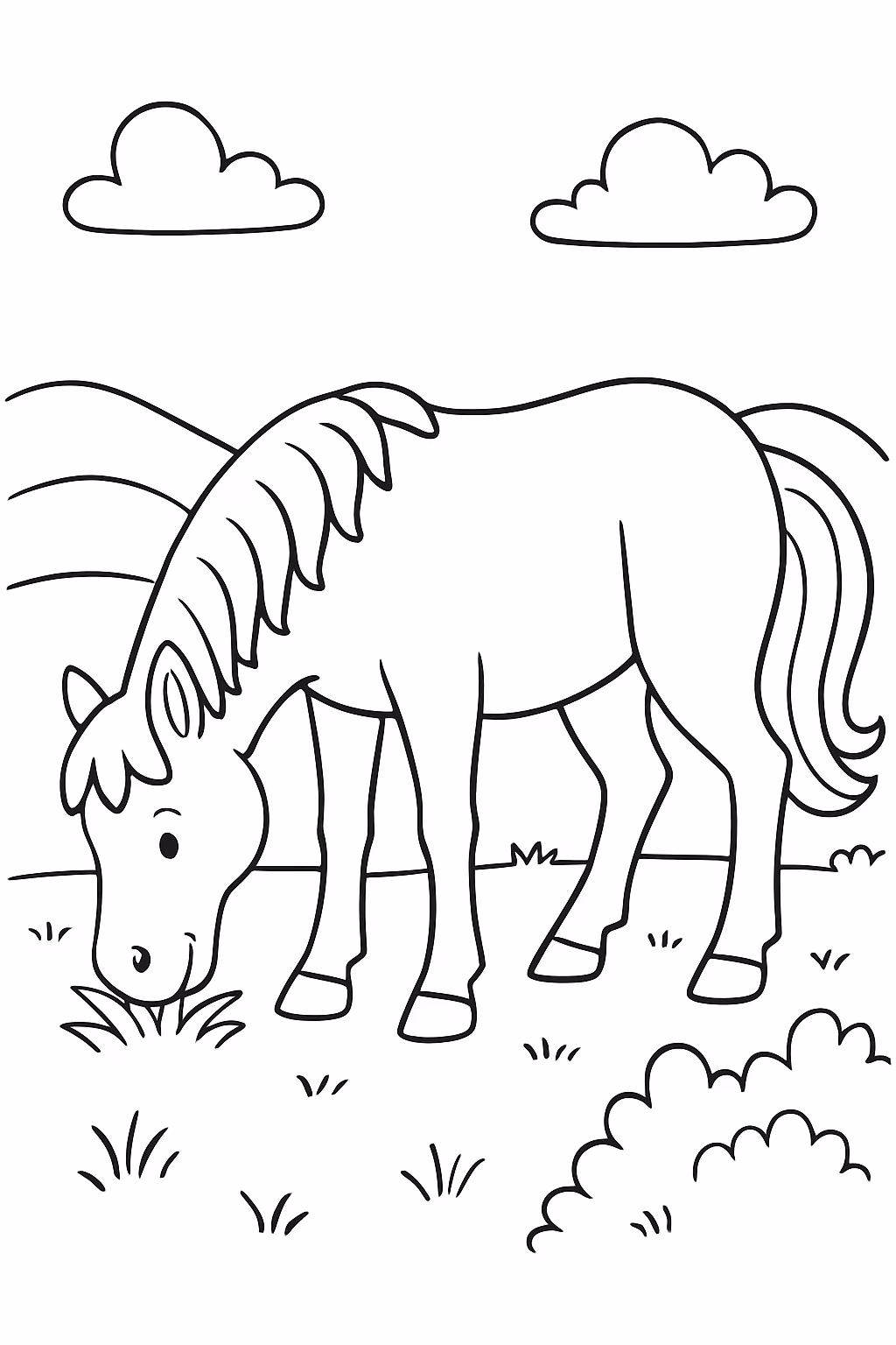 Um cavalo pastando para colorir — desenho para imprimir