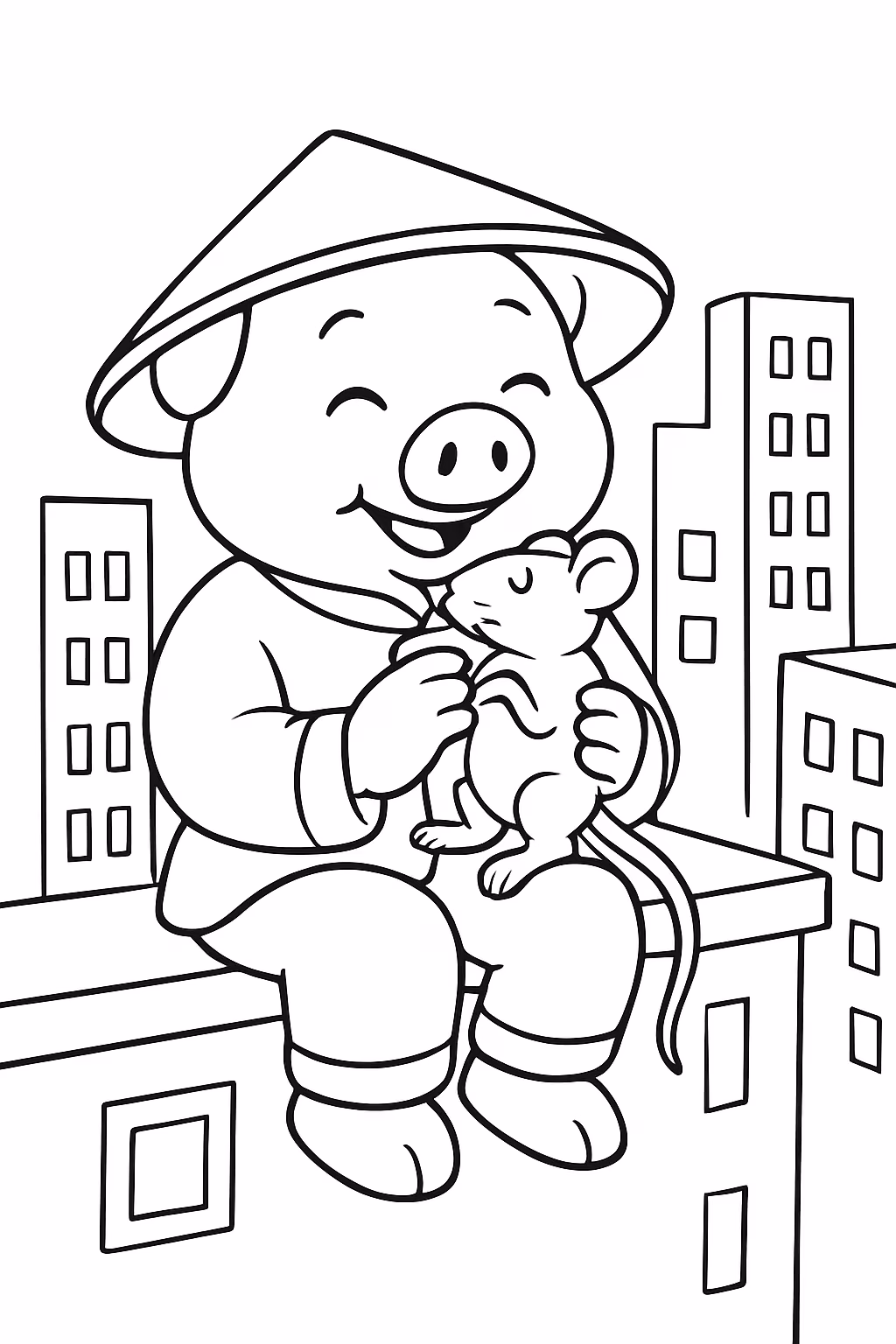 Um chines sentado num predio a comer um rato para colorir — desenho para imprimir