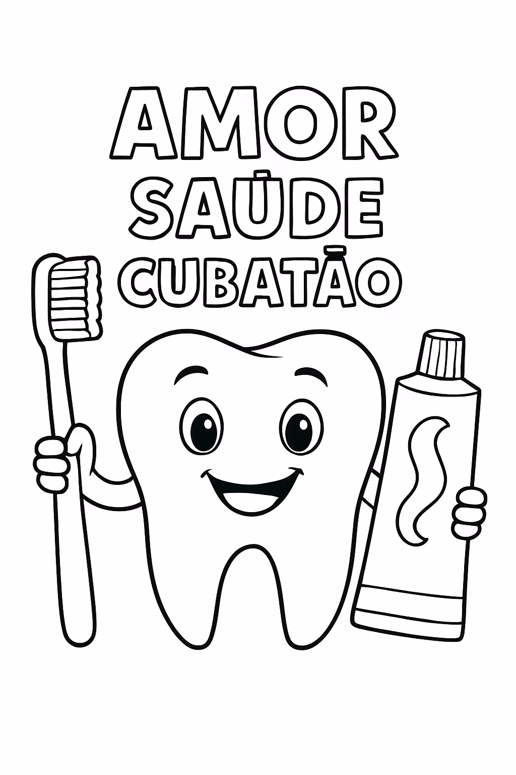 Um dente com escova e pasta de dente ao lado para colorir — desenho para imprimir