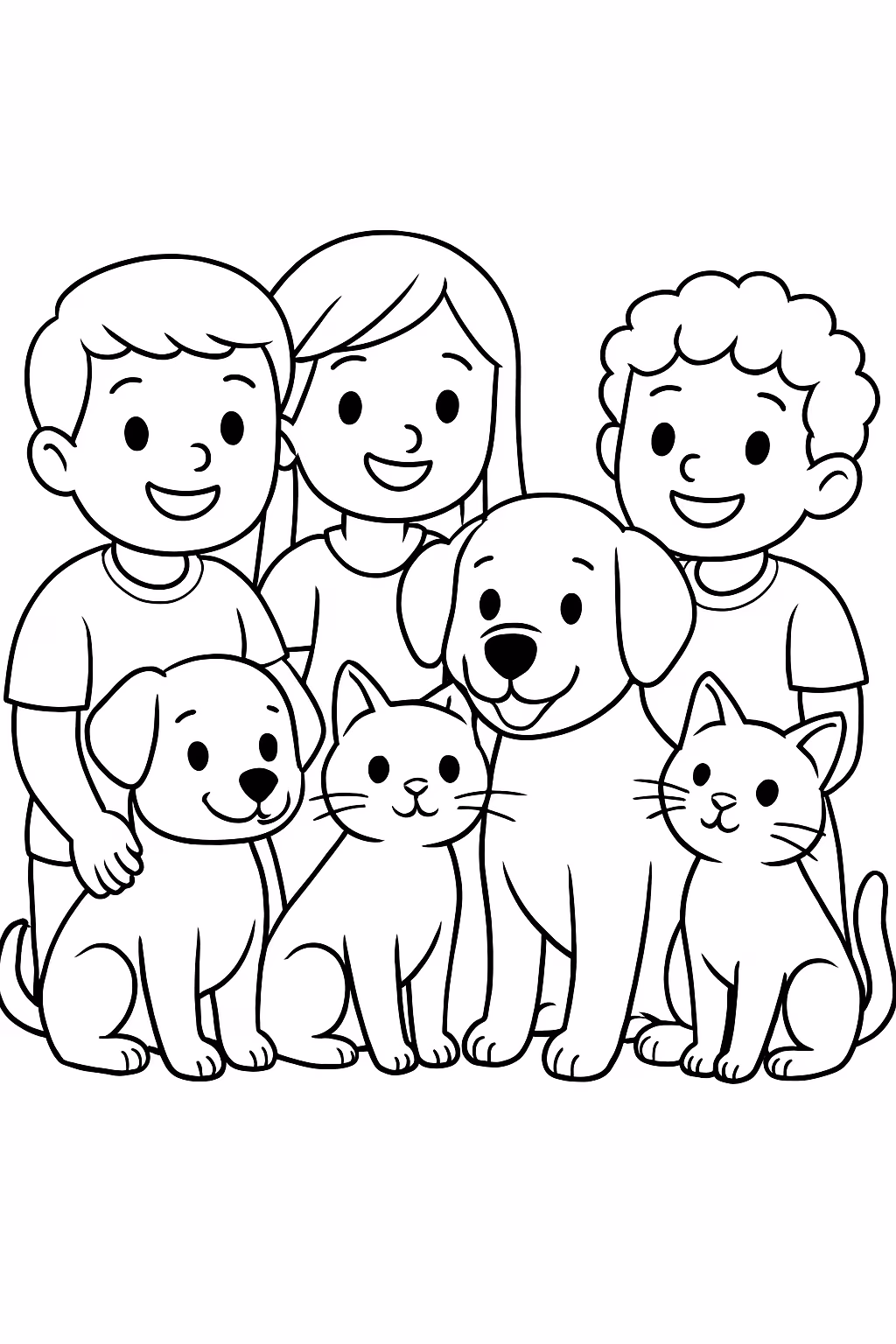 Um de criancas meninos e meninas cachorros e gatos para colorir — desenho para imprimir