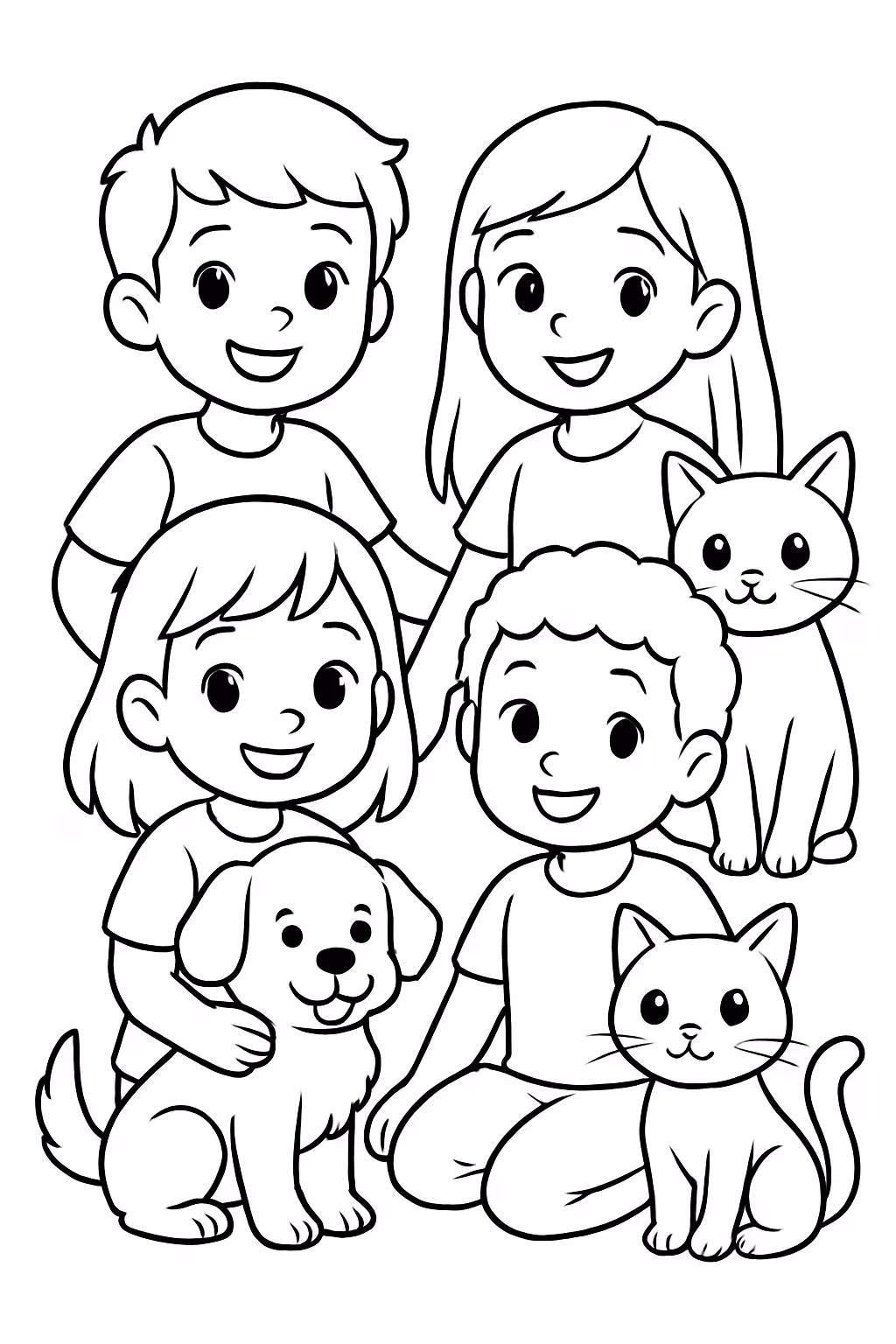 Um de quatro criancas dois meninos e duas meninas cachorros para colorir — desenho para imprimir