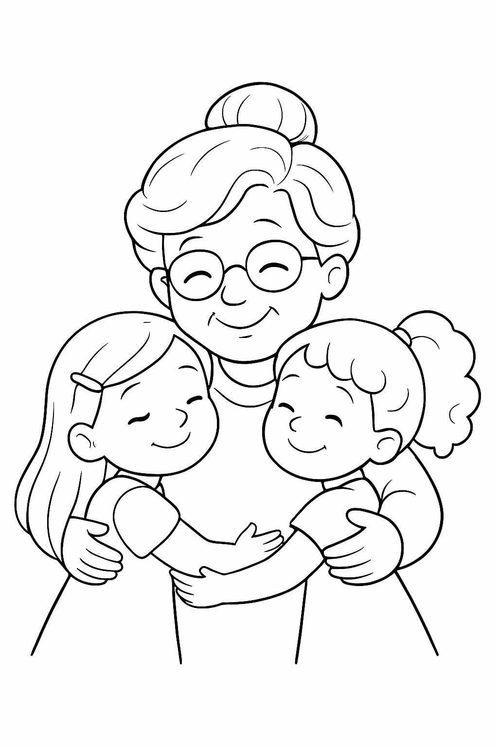 Um de uma avo abracando duas netas meninas para colorir — desenho para imprimir
