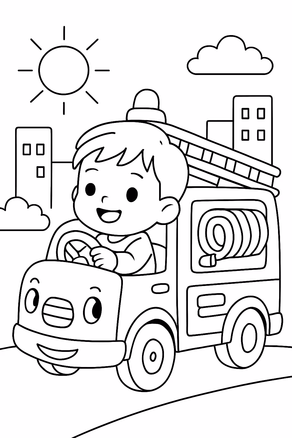 Um de um caminhao de bombeiro bem feliz conduzido por para colorir — desenho para imprimir