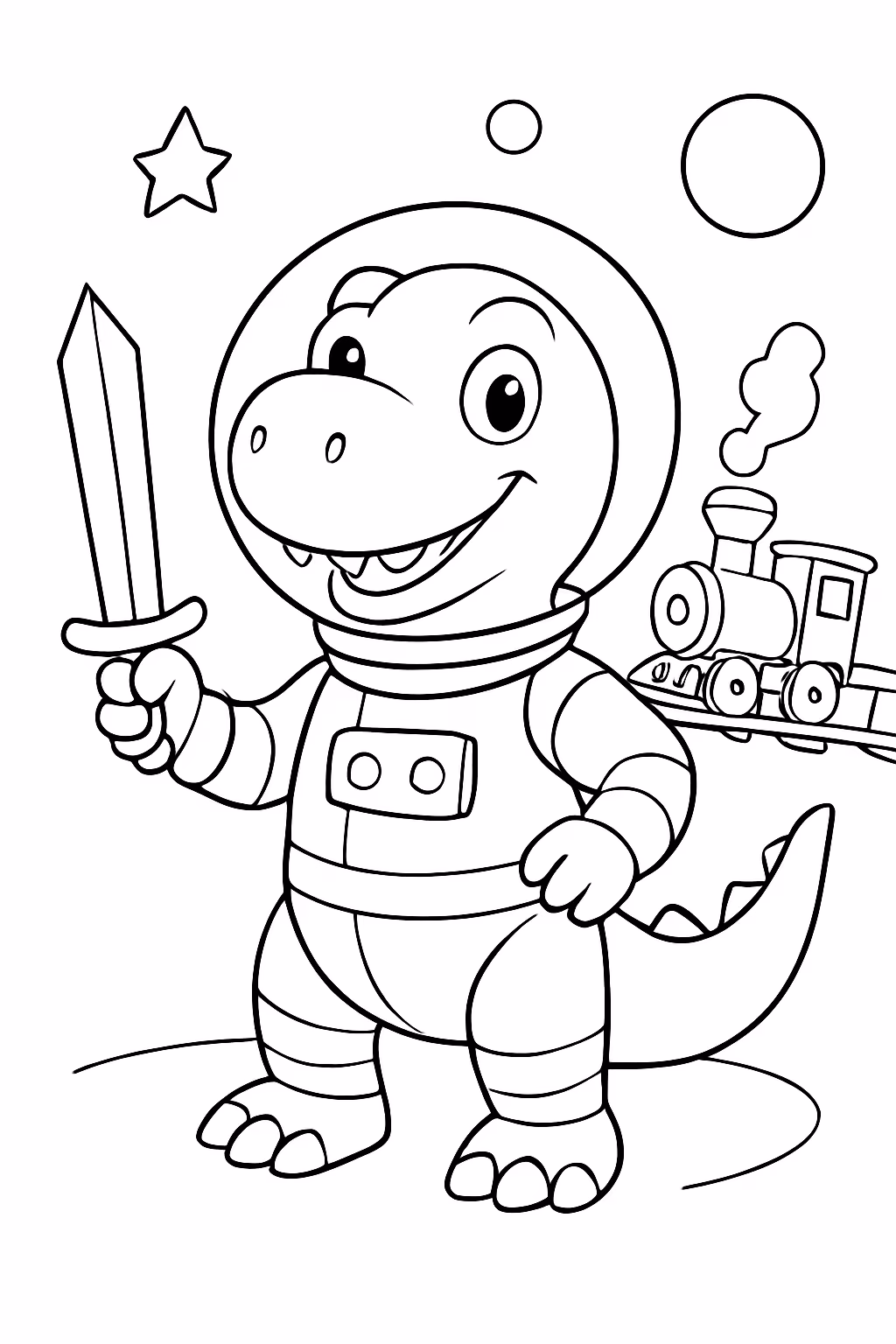 Um dinossauro astronauta com um trem no fundo e uma para colorir — desenho para imprimir