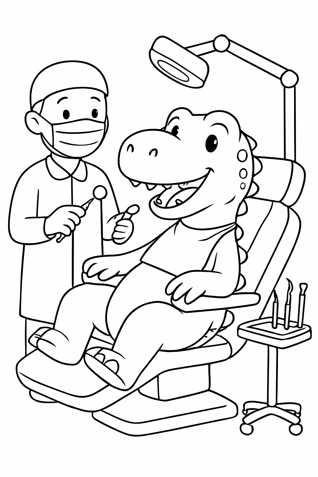 Um dinossauro no dentista para colorir — desenho para imprimir