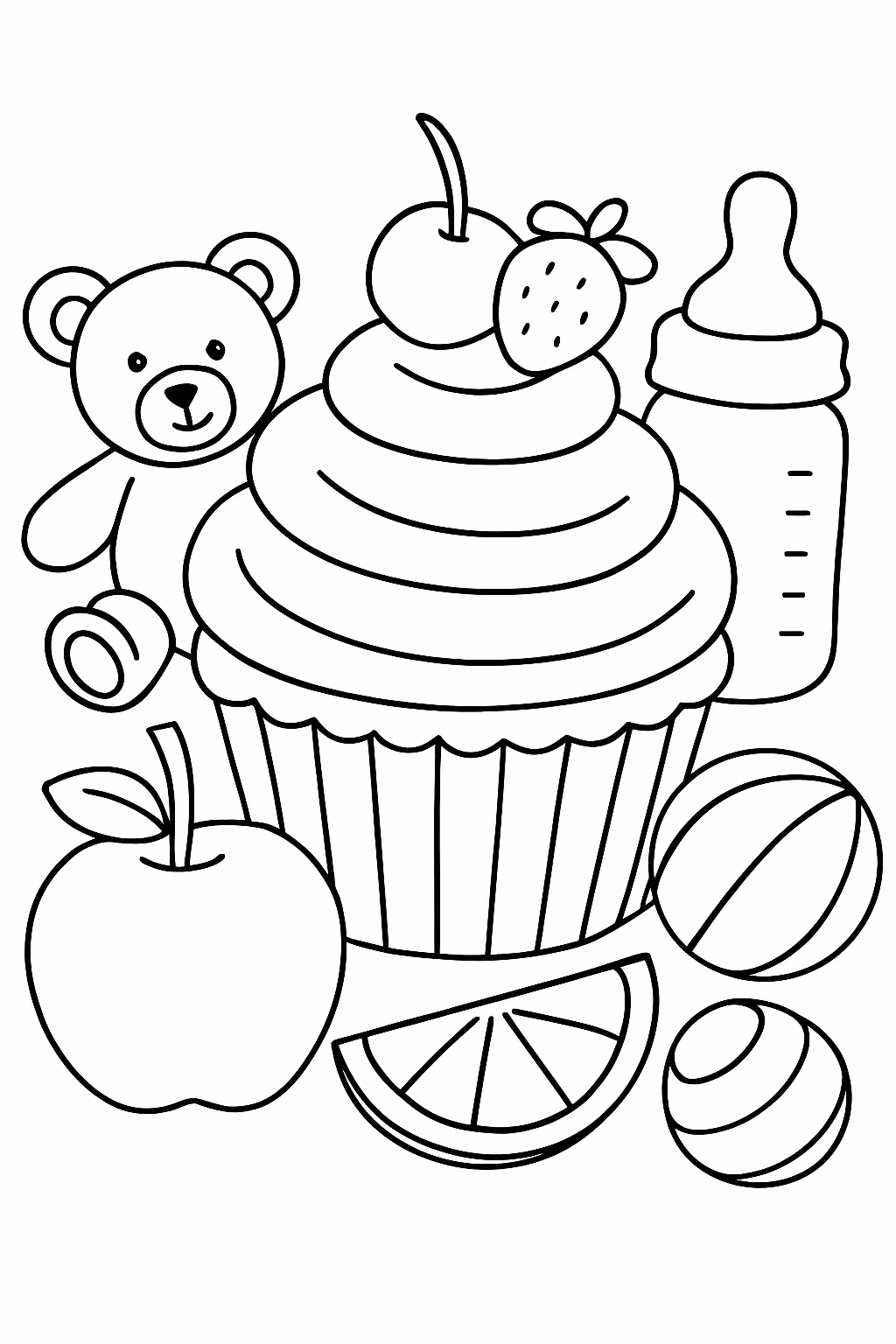 Um docinho com frutas e brinquedinhos e mamadeiras para colorir — desenho para imprimir