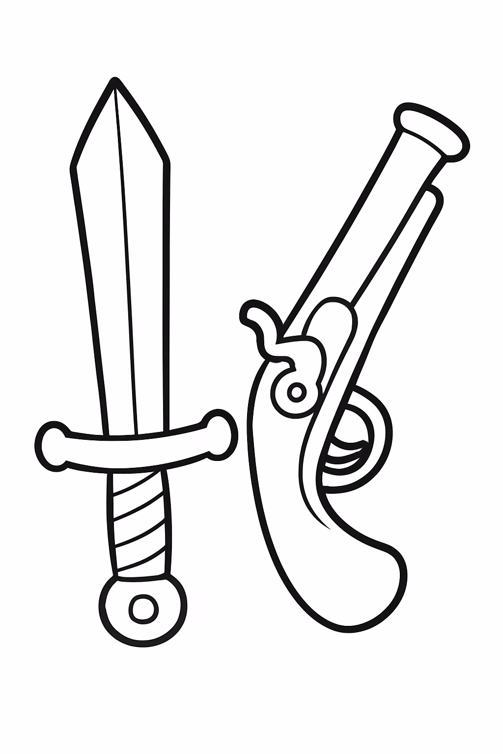 Um espada e uma arma para colorir — desenho para imprimir