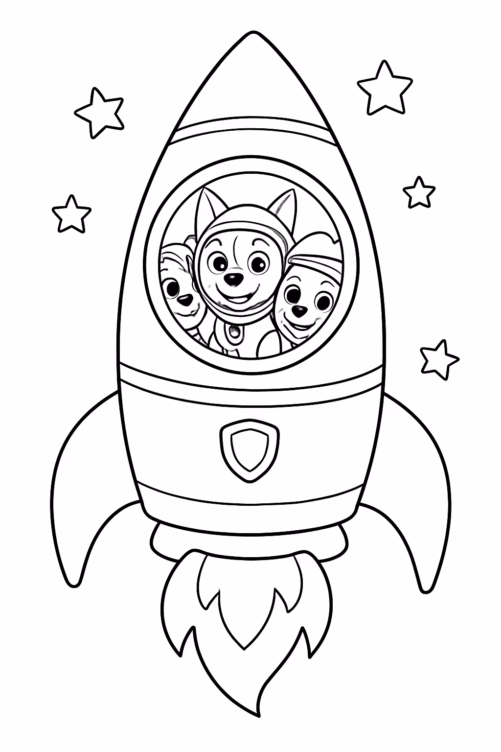 Um foguete espacial com a patrulha canina dentro para colorir — desenho para imprimir