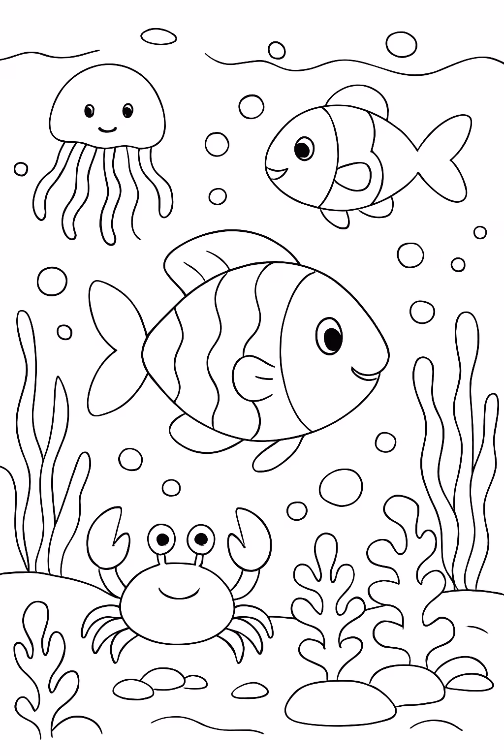 Um fundo do mar com peixes agua vivas carangueijos para colorir — desenho para imprimir