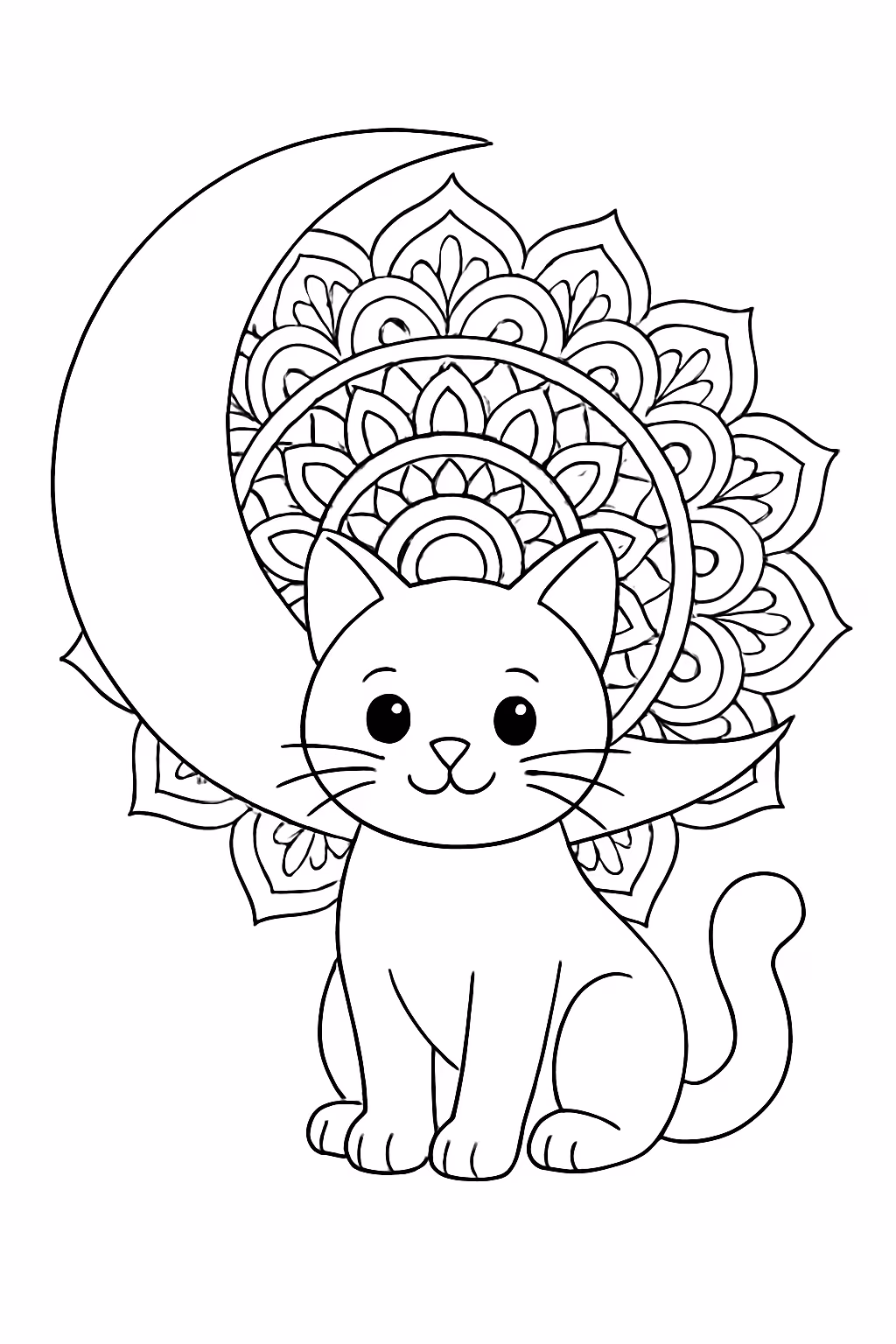 Um gato com a lua e mandala para colorir — desenho para imprimir