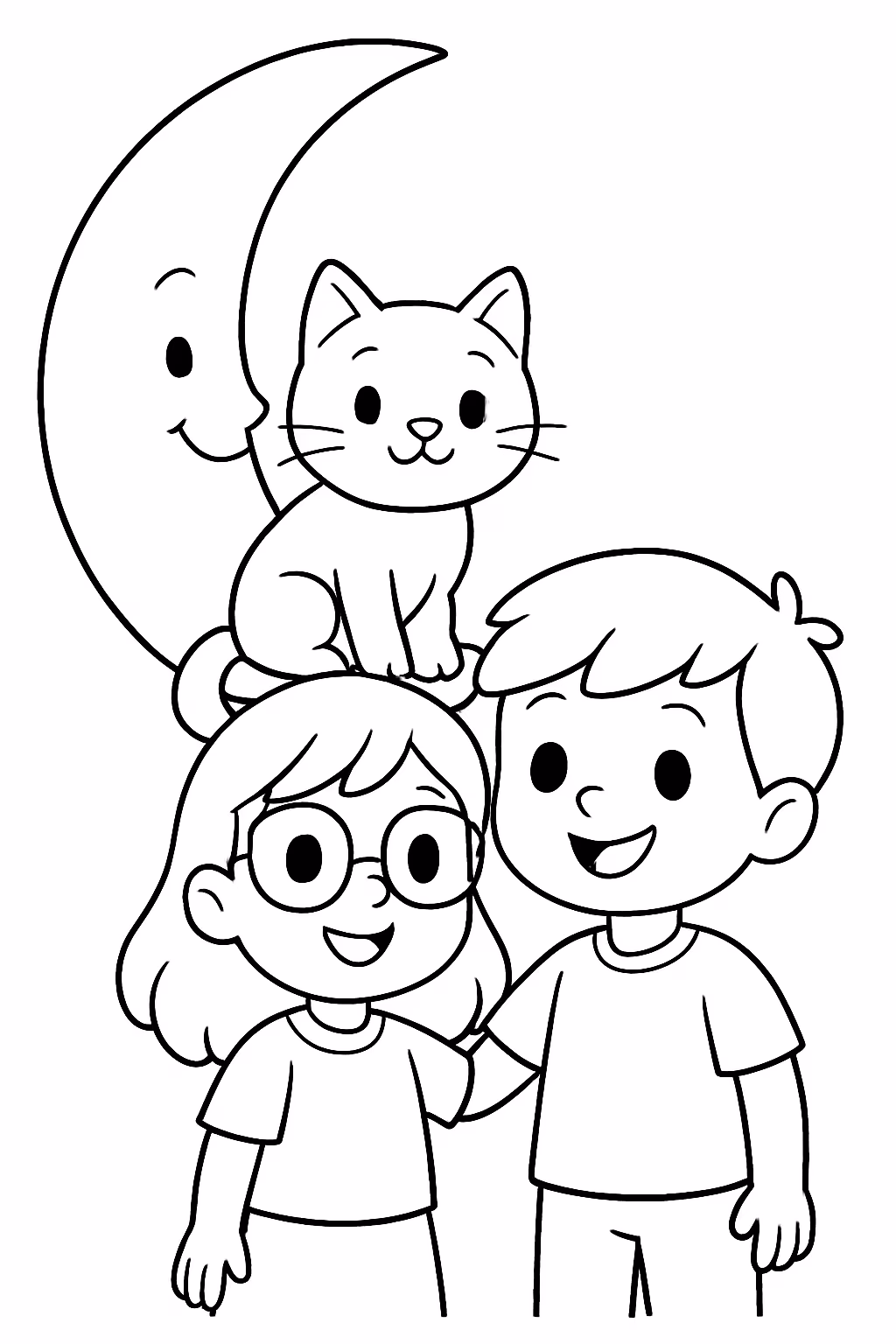 Um gato com a lua e uma menina de oculos para colorir — desenho para imprimir