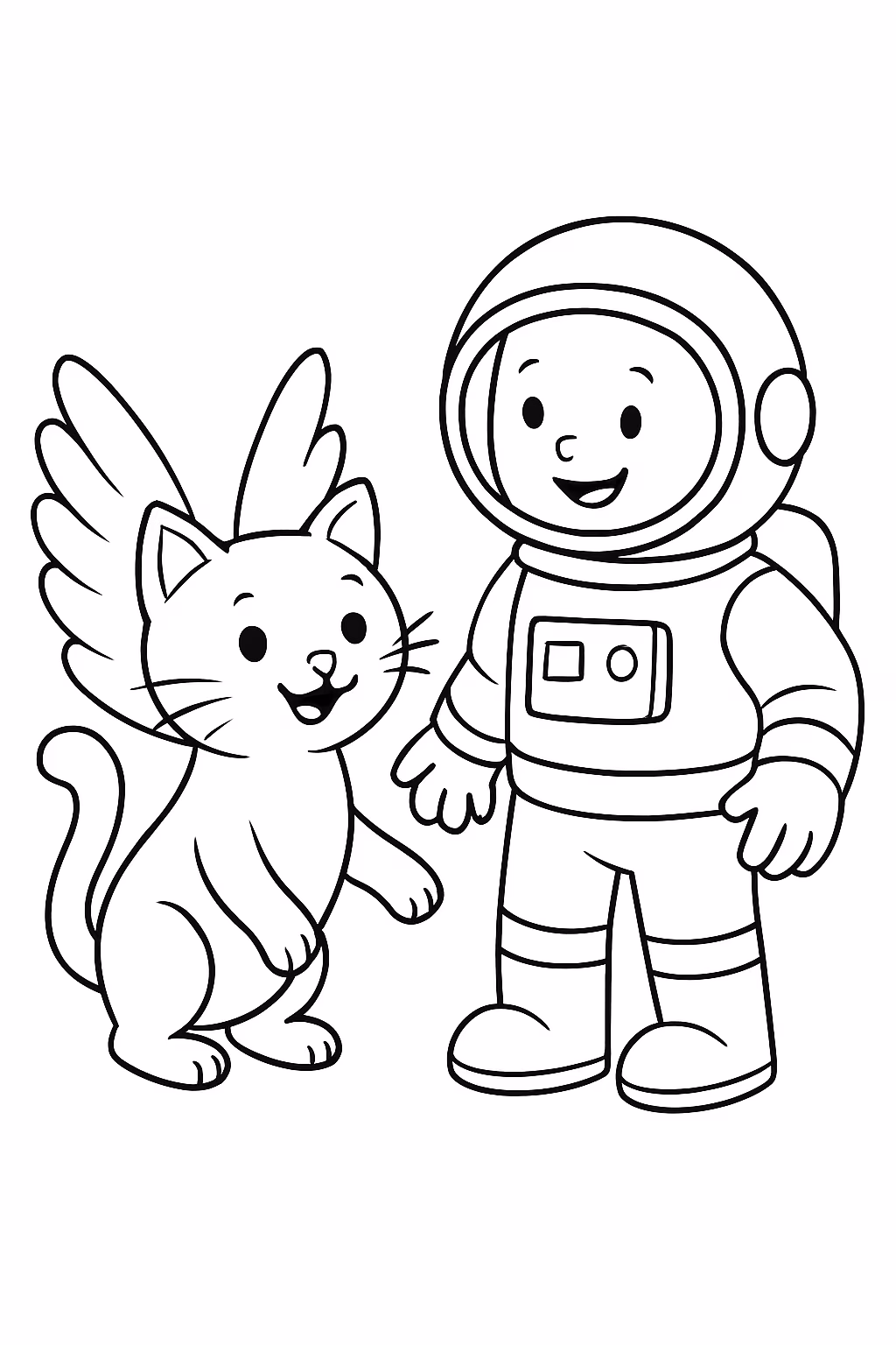 Um gato com asas e um astranauta para colorir — desenho para imprimir