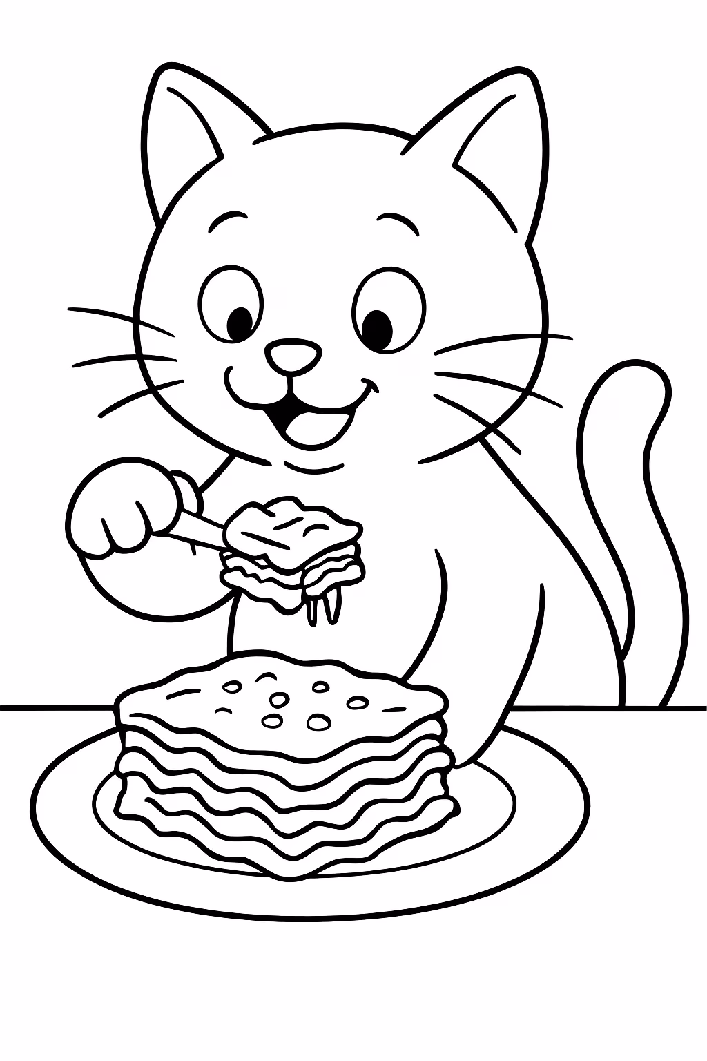 Um gato comendo lasanha para colorir — desenho para imprimir