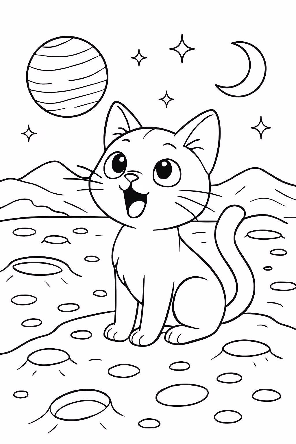 Um gato miando em marte para colorir — desenho para imprimir
