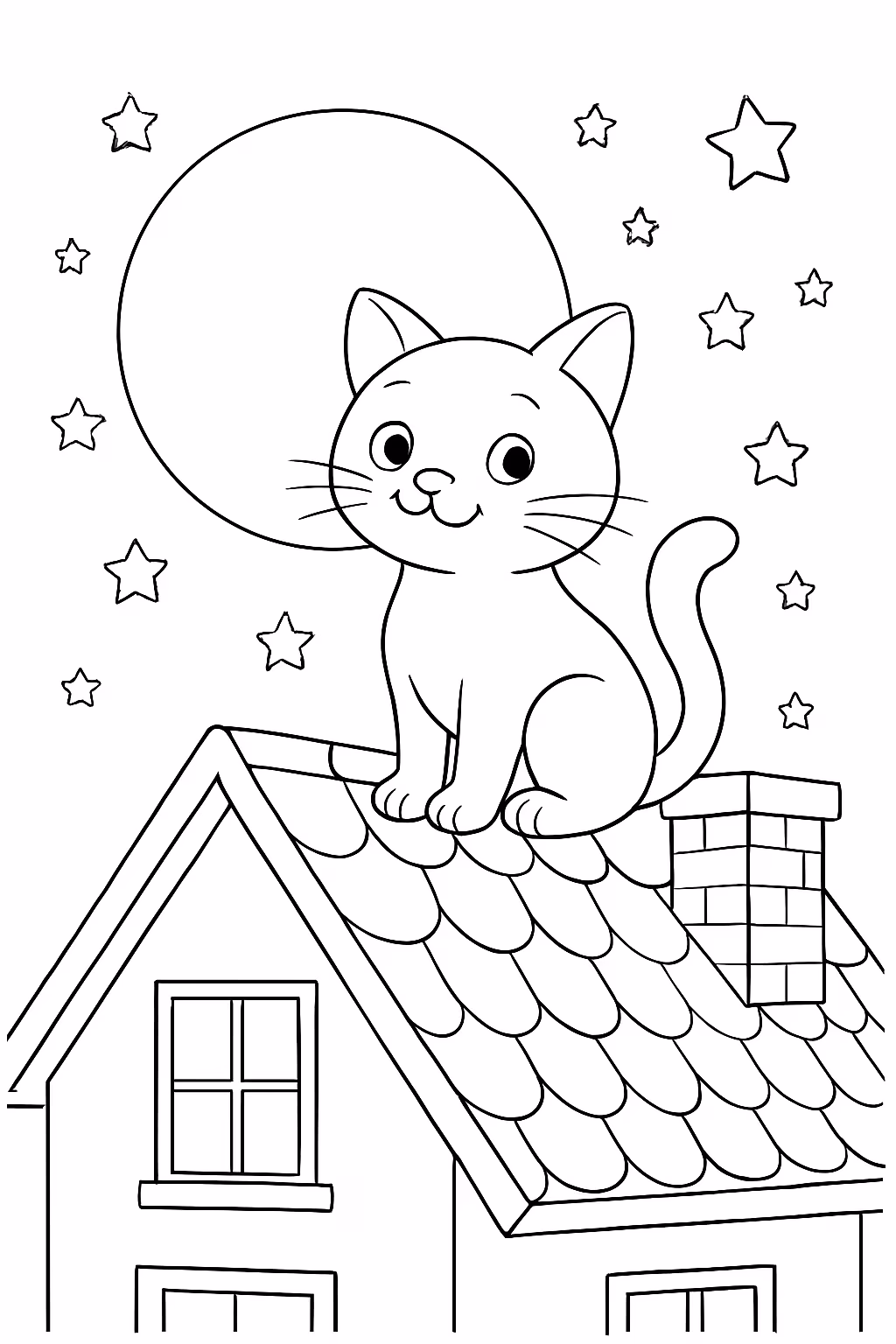 Um gato no telhado de uma casa a noite com para colorir — desenho para imprimir