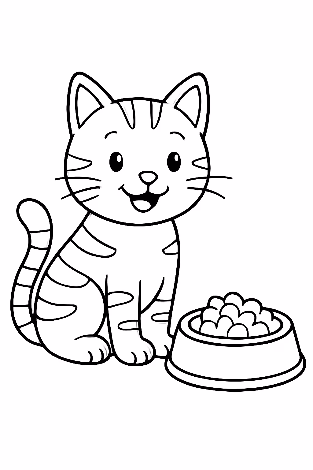 Um gato rajado comendo racao para colorir — desenho para imprimir