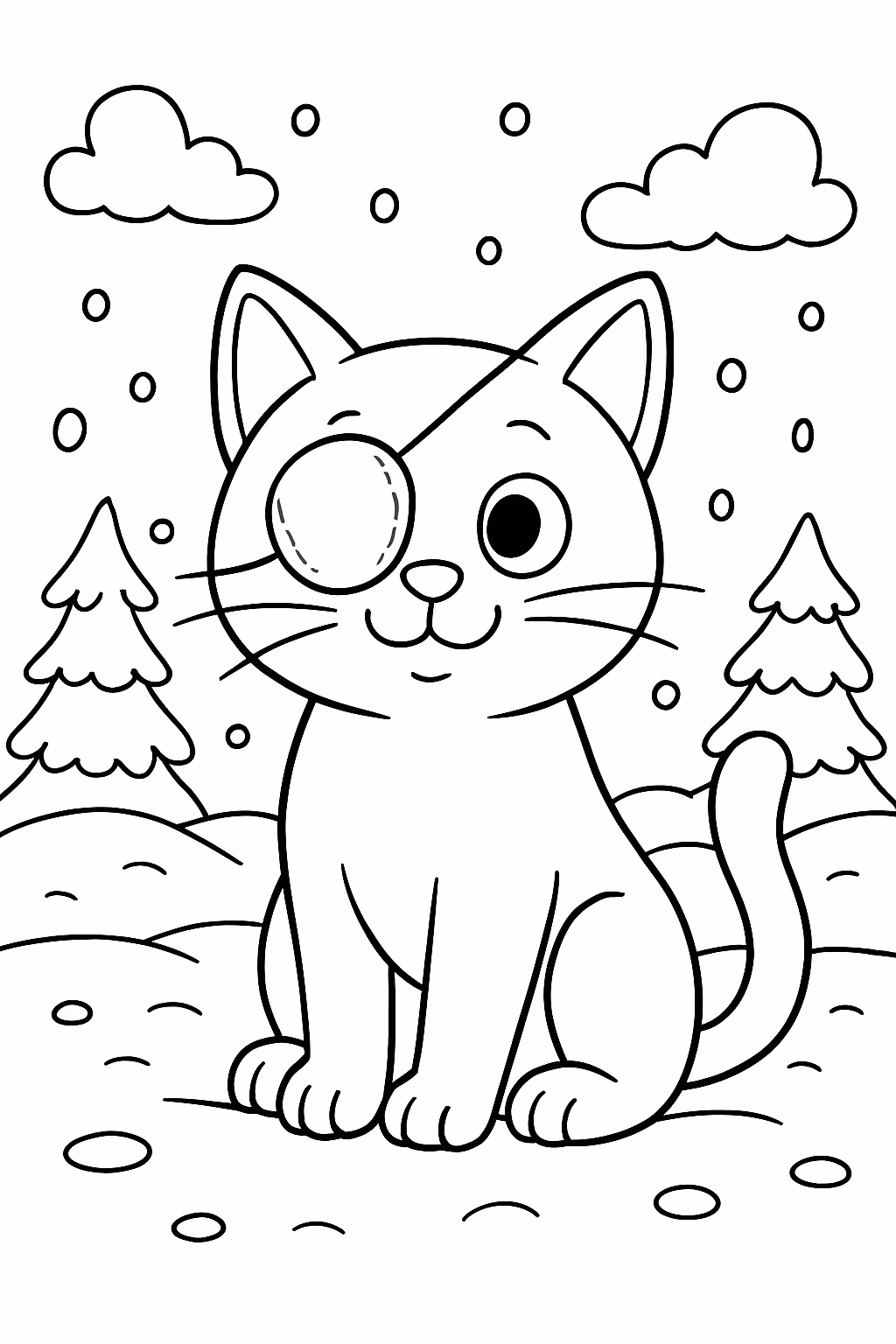 Um gato sem um olho e nas neves para colorir — desenho para imprimir
