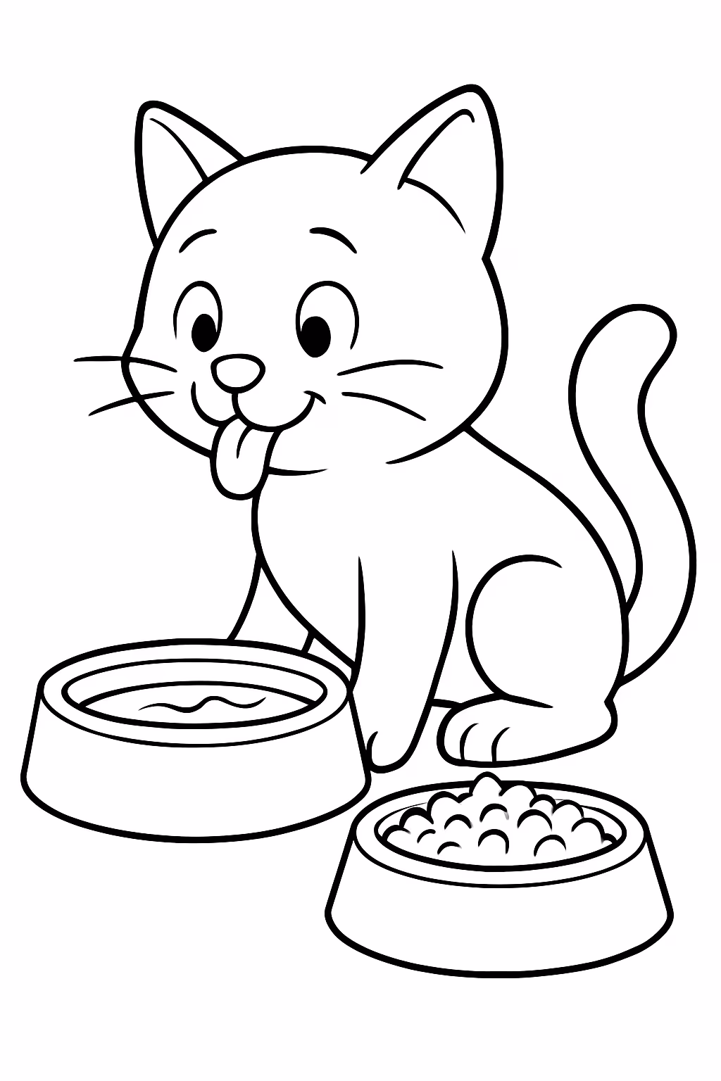 Um gato tomando agua e comendo para colorir — desenho para imprimir