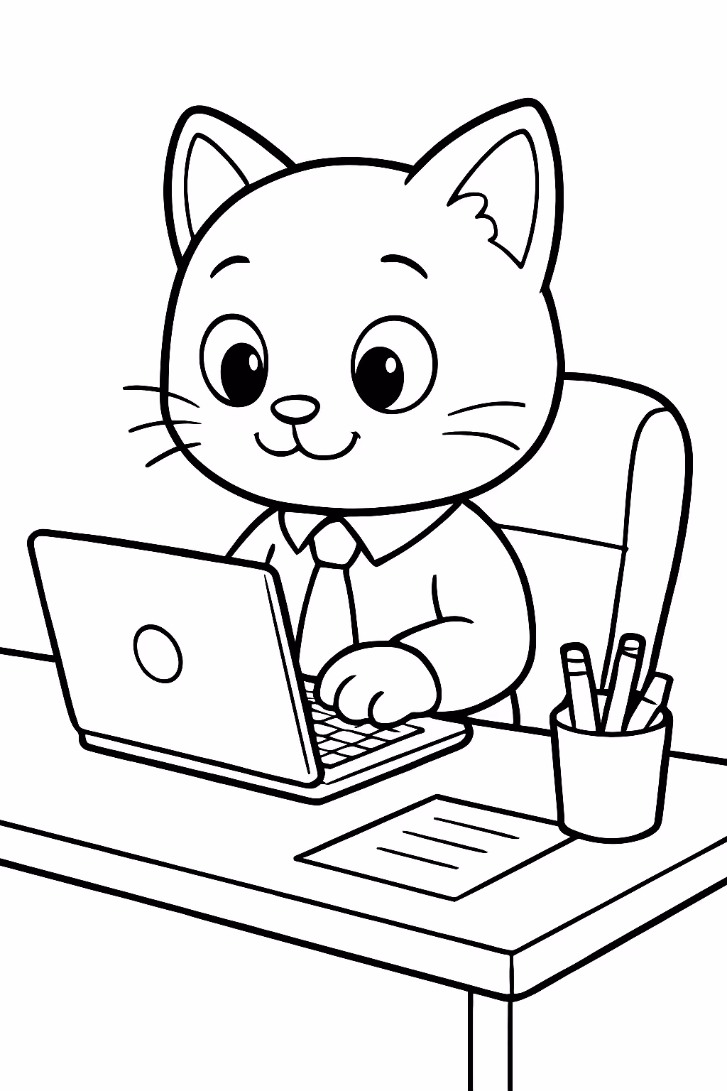 Um gato trabalhando para colorir — desenho para imprimir