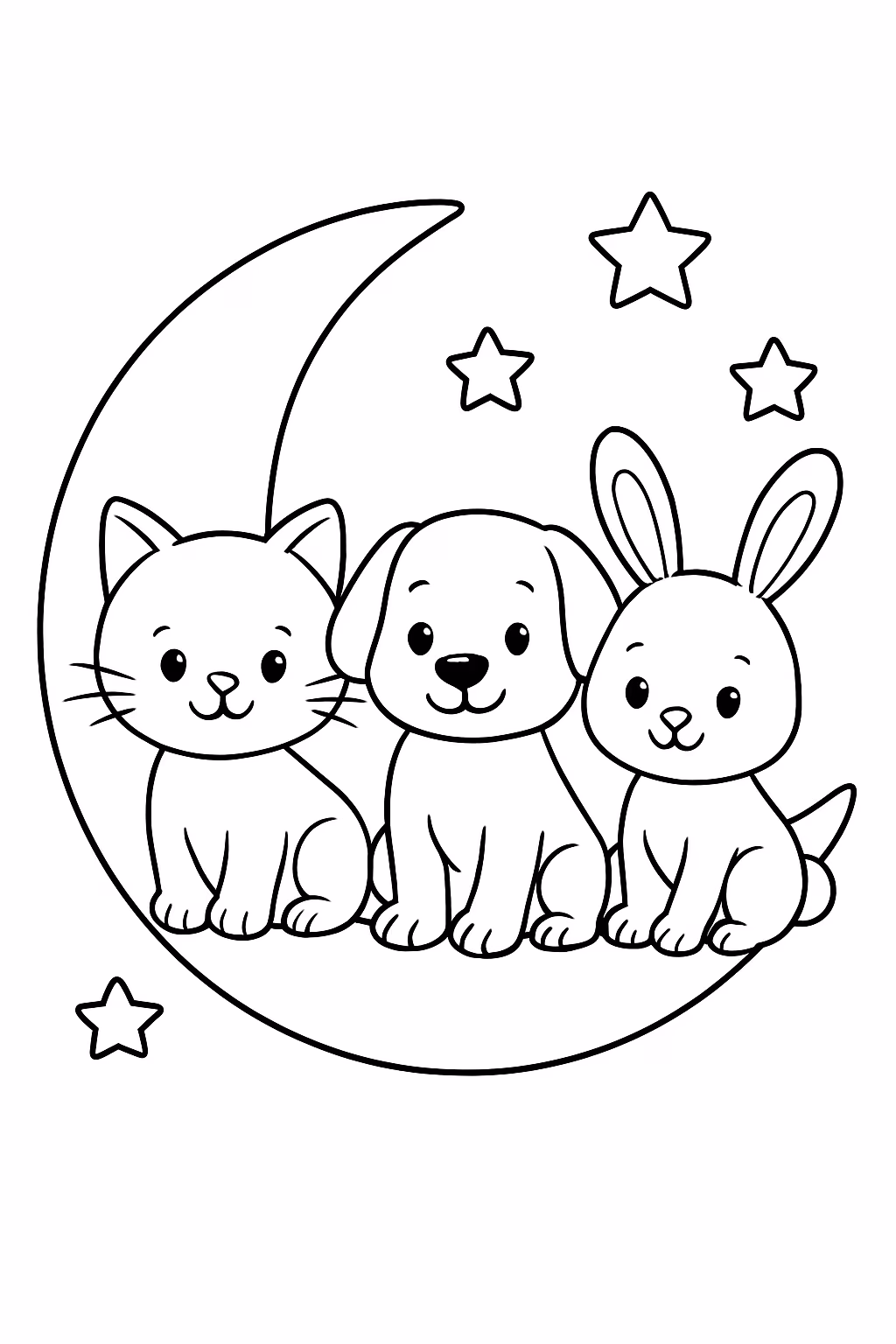 Um gato um cacchorro e um coelho na lua para colorir — desenho para imprimir