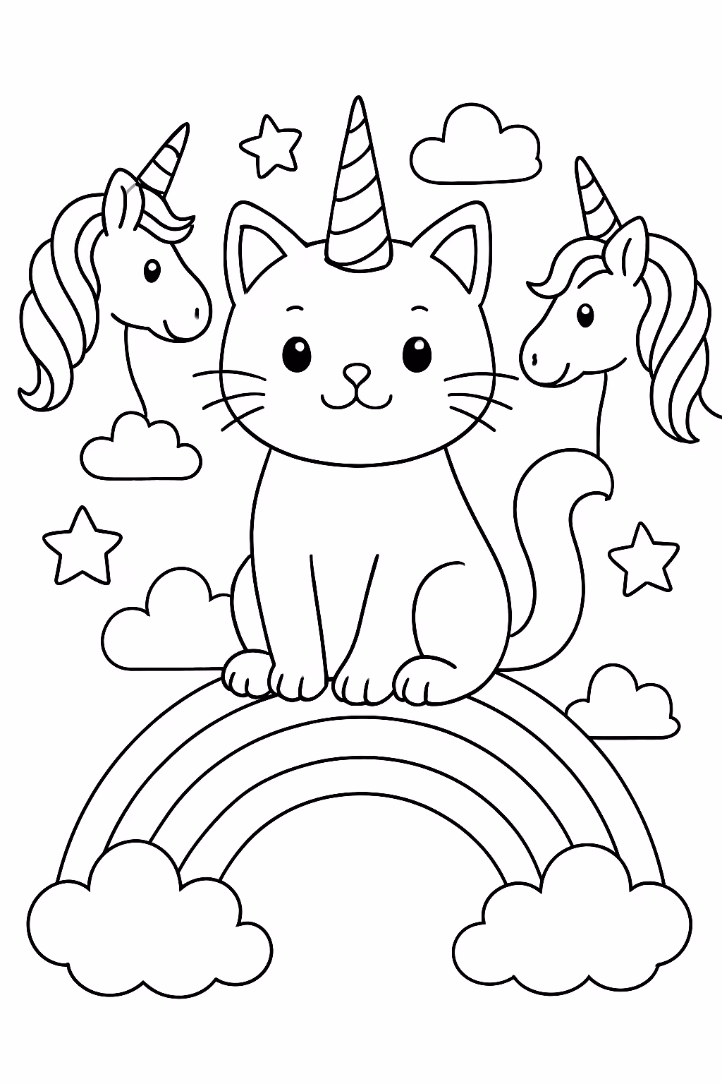 Um gato unicornio no arco iris junto com unicornios para colorir — desenho para imprimir