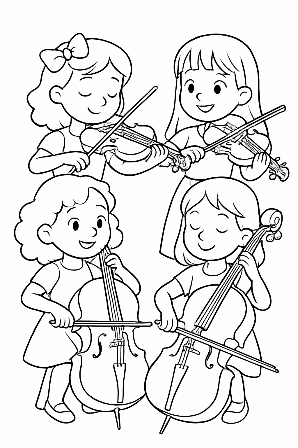 Um grupo de meninas tocando violinos e violoncelos para colorir — desenho para imprimir
