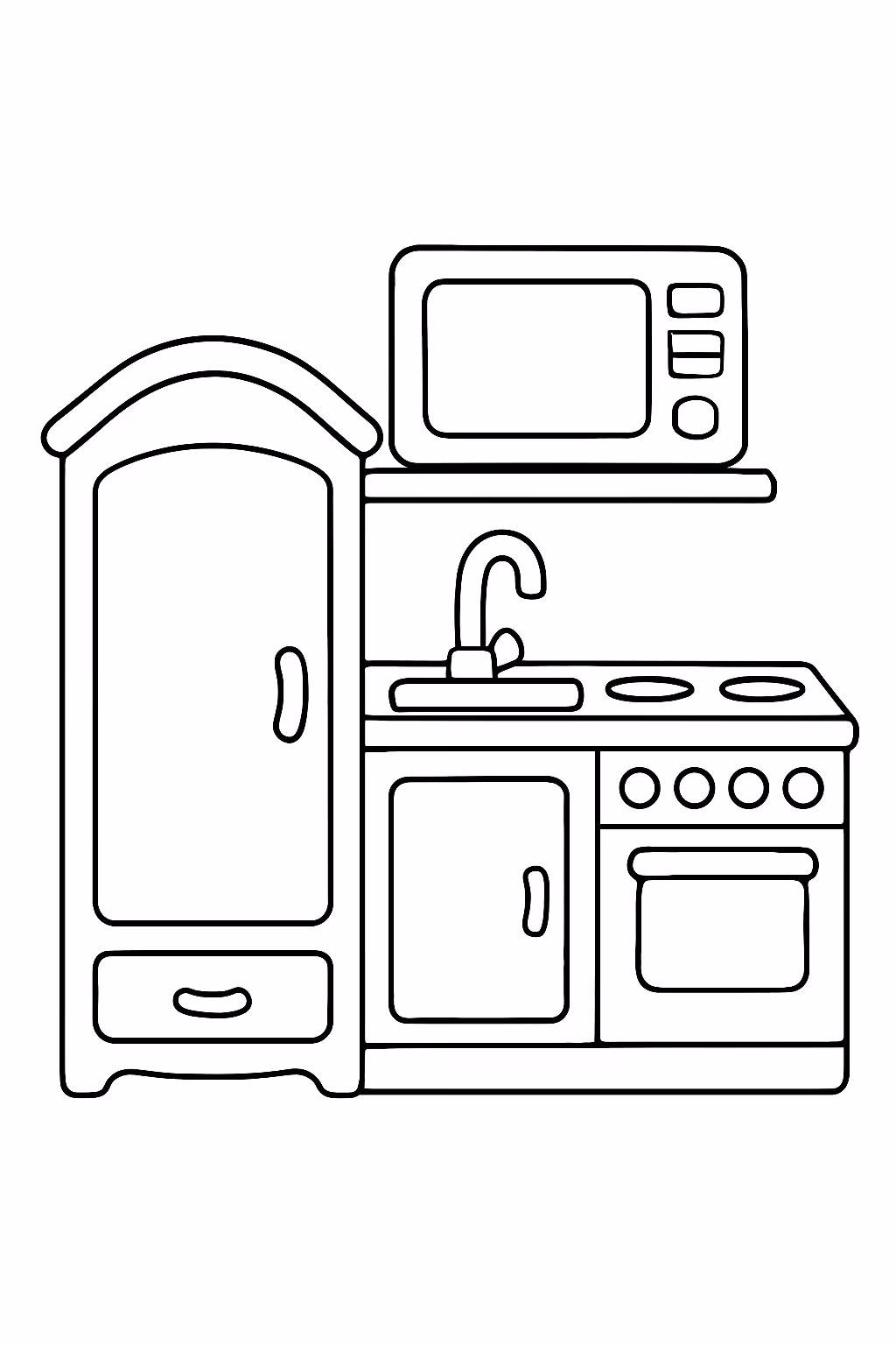 Um guarda roupa de boneca com porta fechada um microondas para colorir — desenho para imprimir
