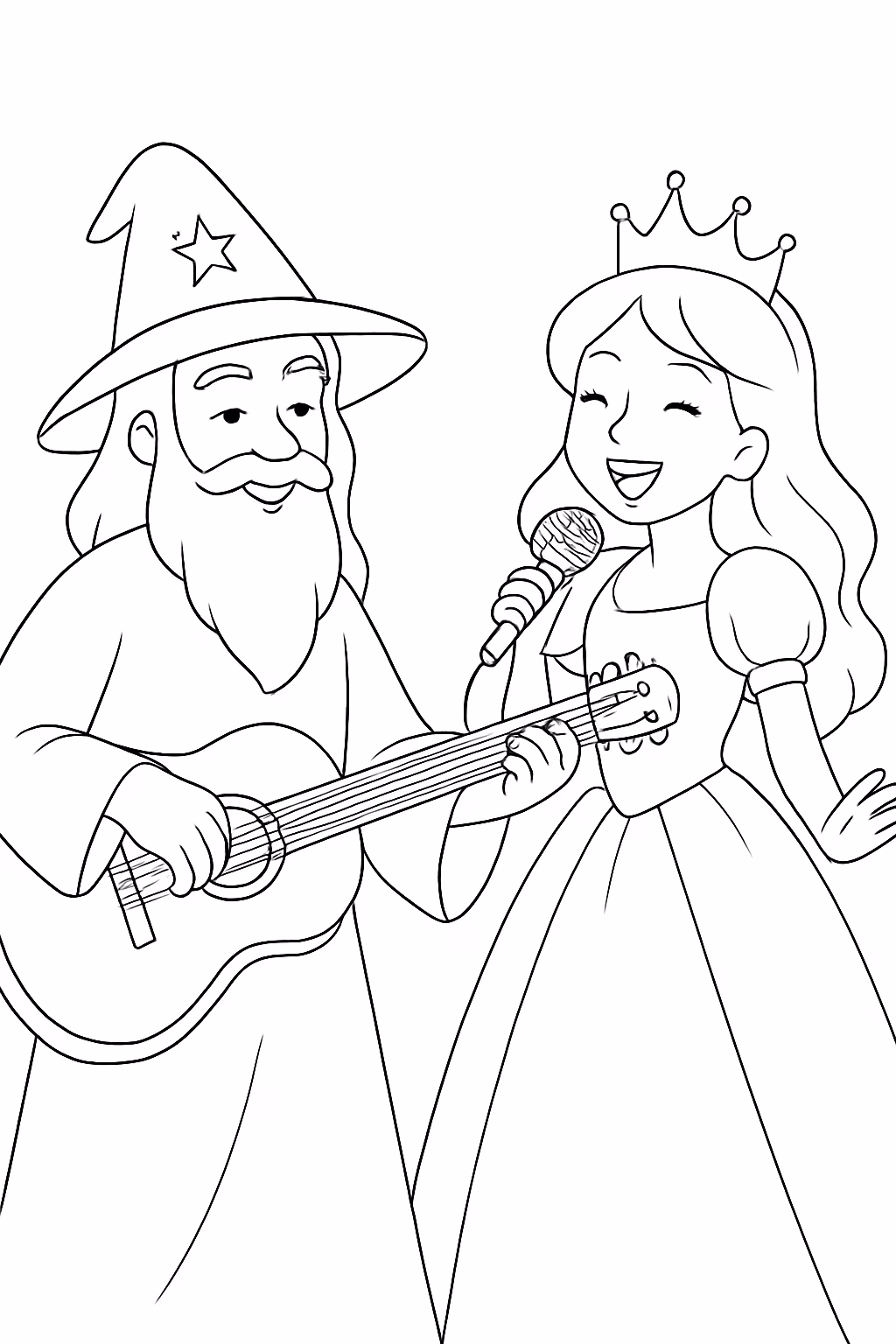 Um guitarrista bruxo e uma princesa cantora para colorir — desenho para imprimir