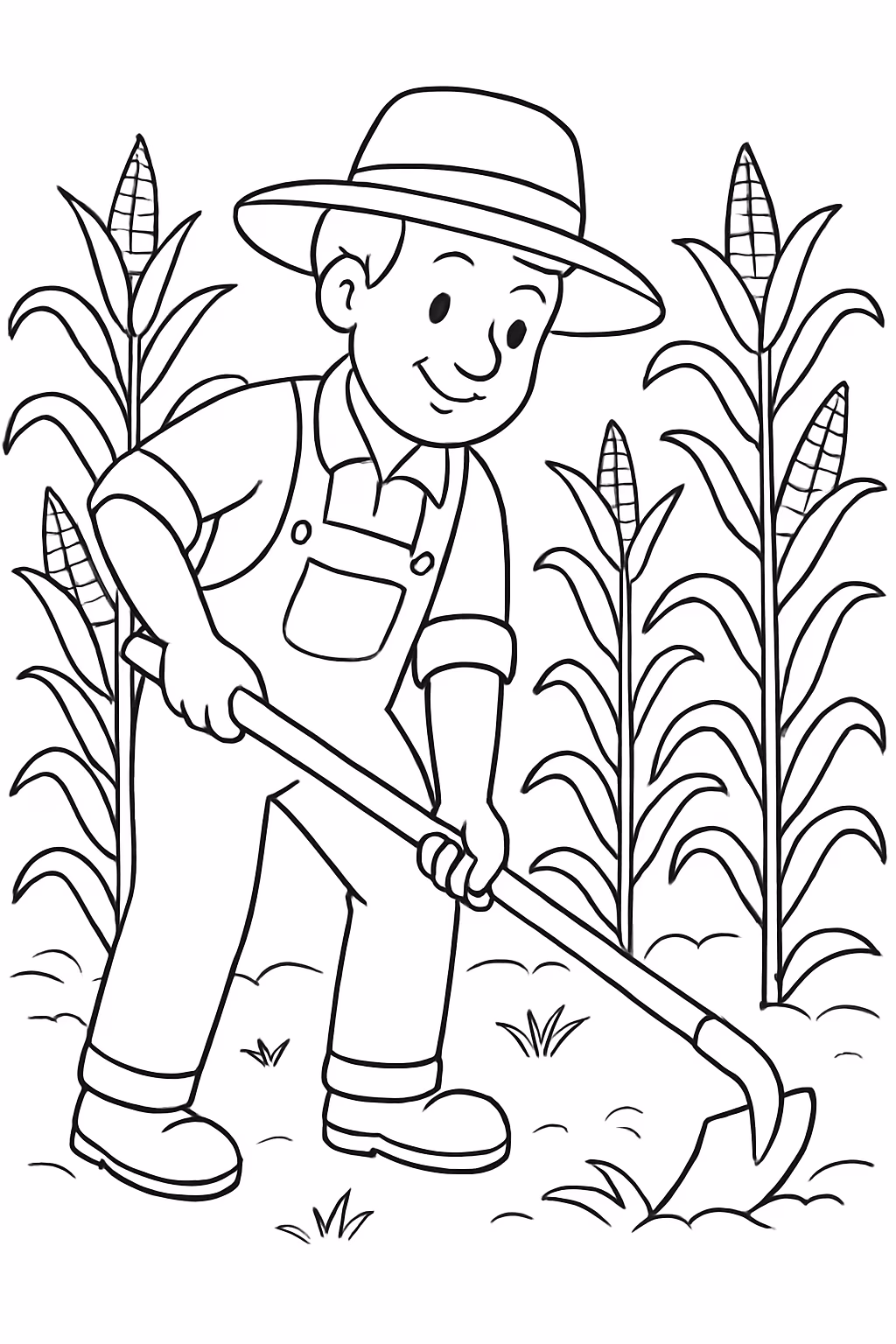 Um homem capinando uma roca de milho para colorir — desenho para imprimir