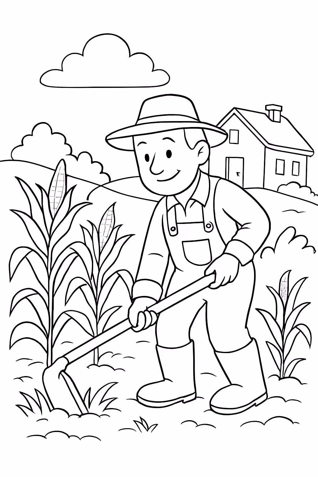 Um homem capinando uma roca de milho e uma casa para colorir — desenho para imprimir