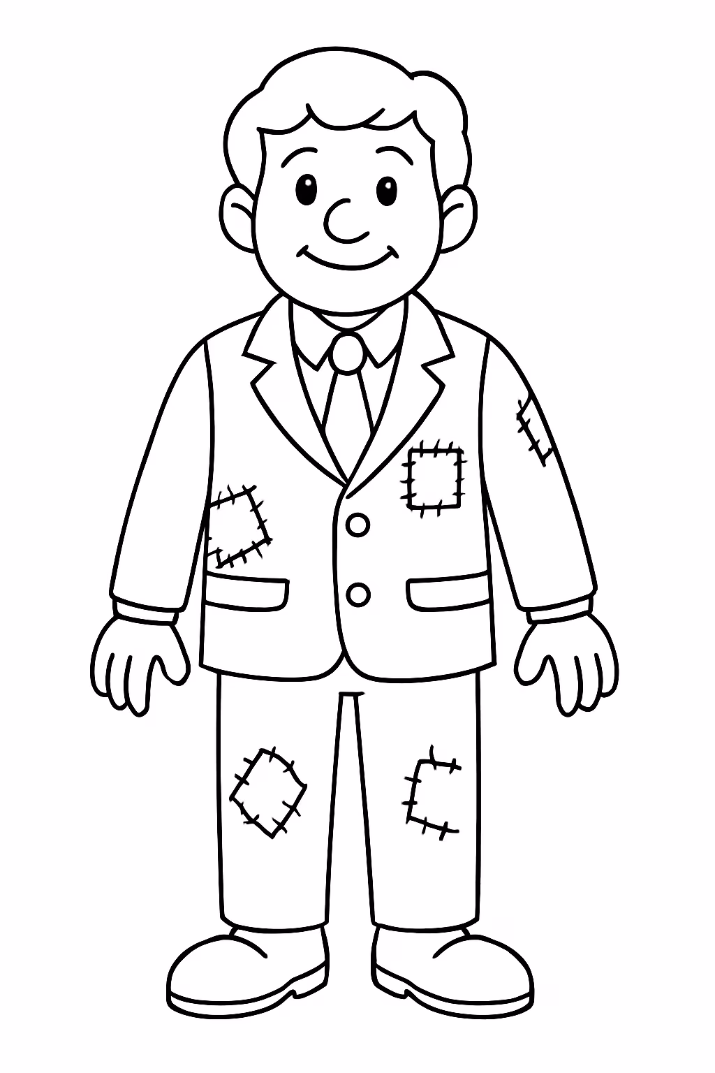 Um homem com terno todo remendado para colorir — desenho para imprimir