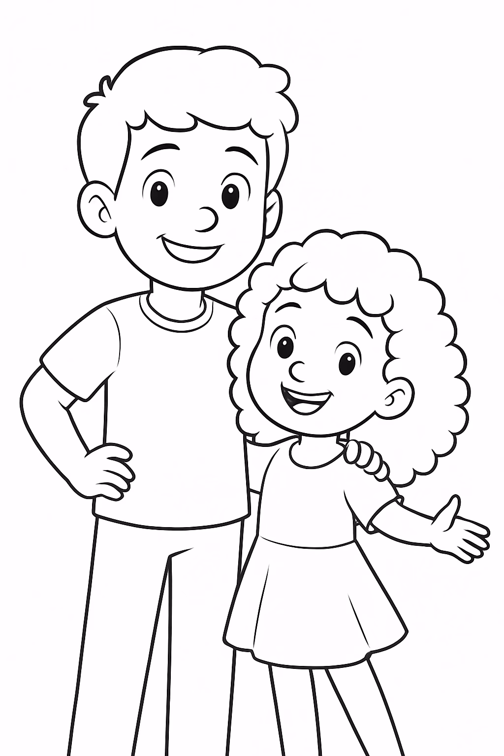 Um irmao grande e uma irma pequena com cabelo cacheado para colorir — desenho para imprimir