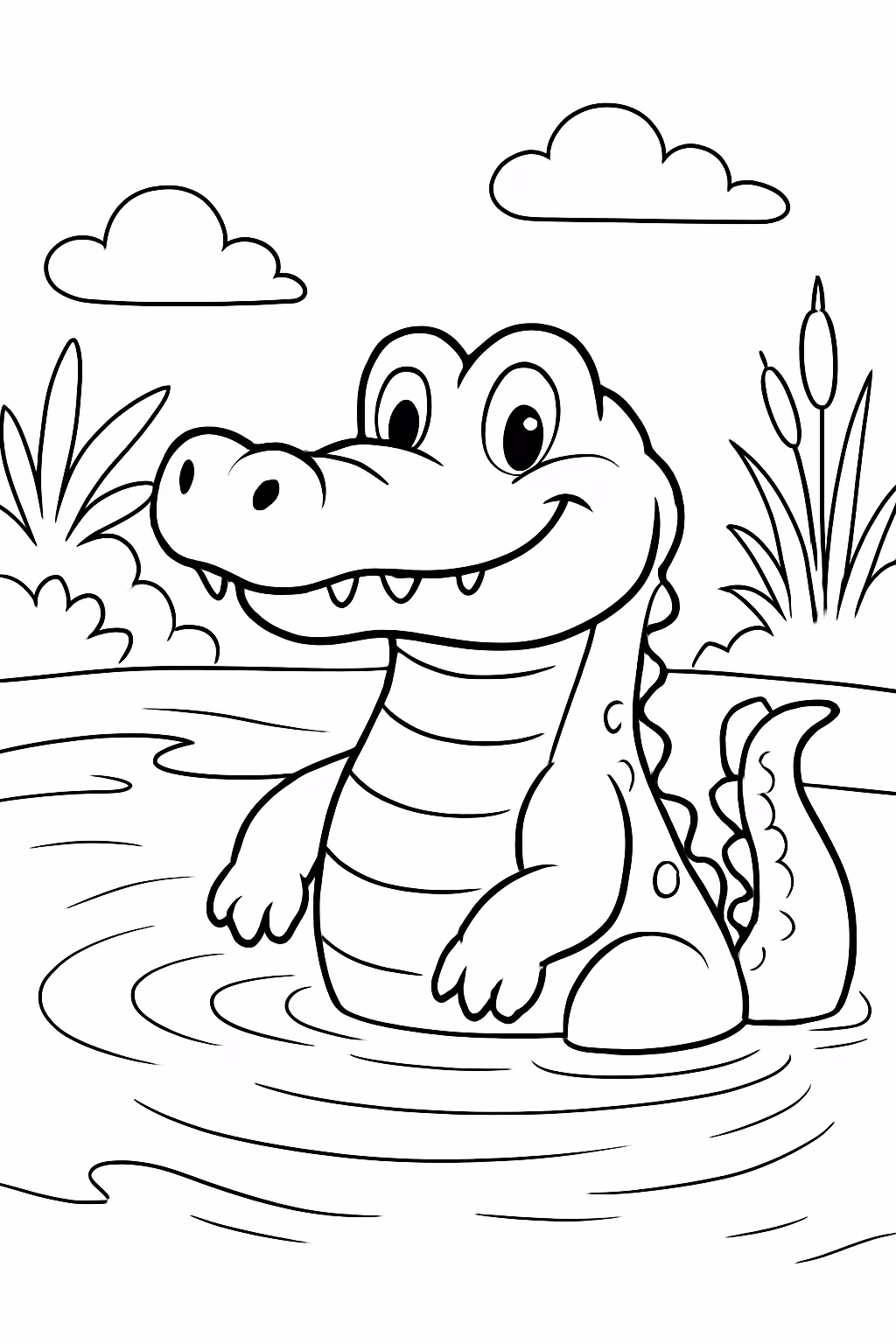 Um jacara saindo da lagoa para colorir — desenho para imprimir