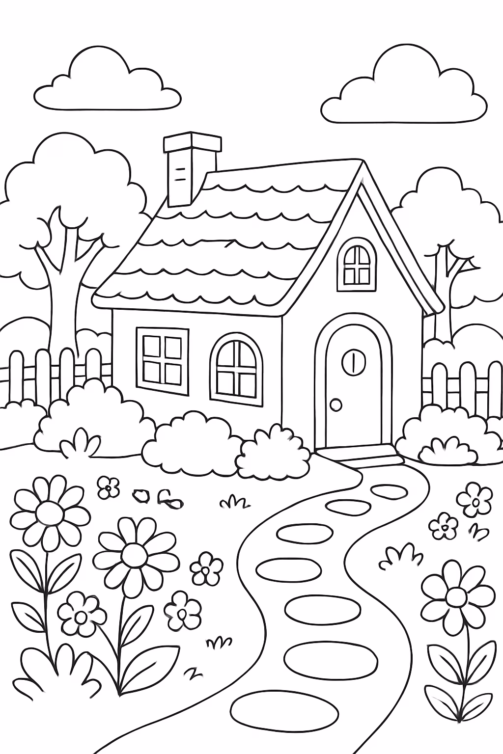 Um jardim com casa antiga para colorir — desenho para imprimir