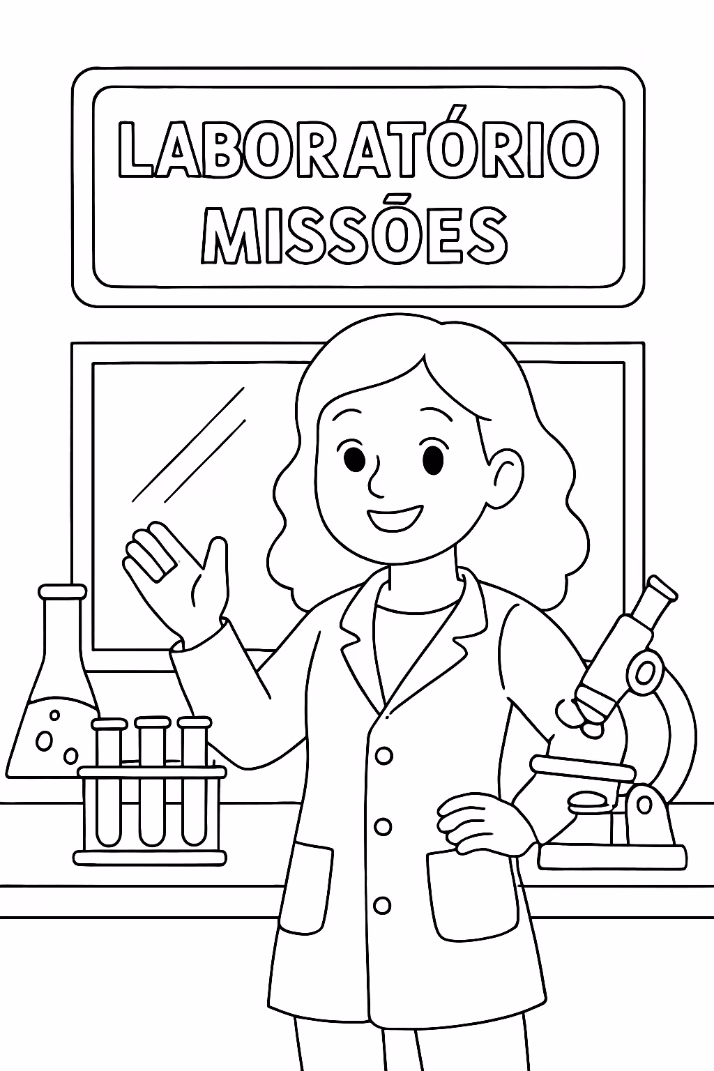 Um laboratorio com nome laboratorio missoes e uma mulher para colorir — desenho para imprimir