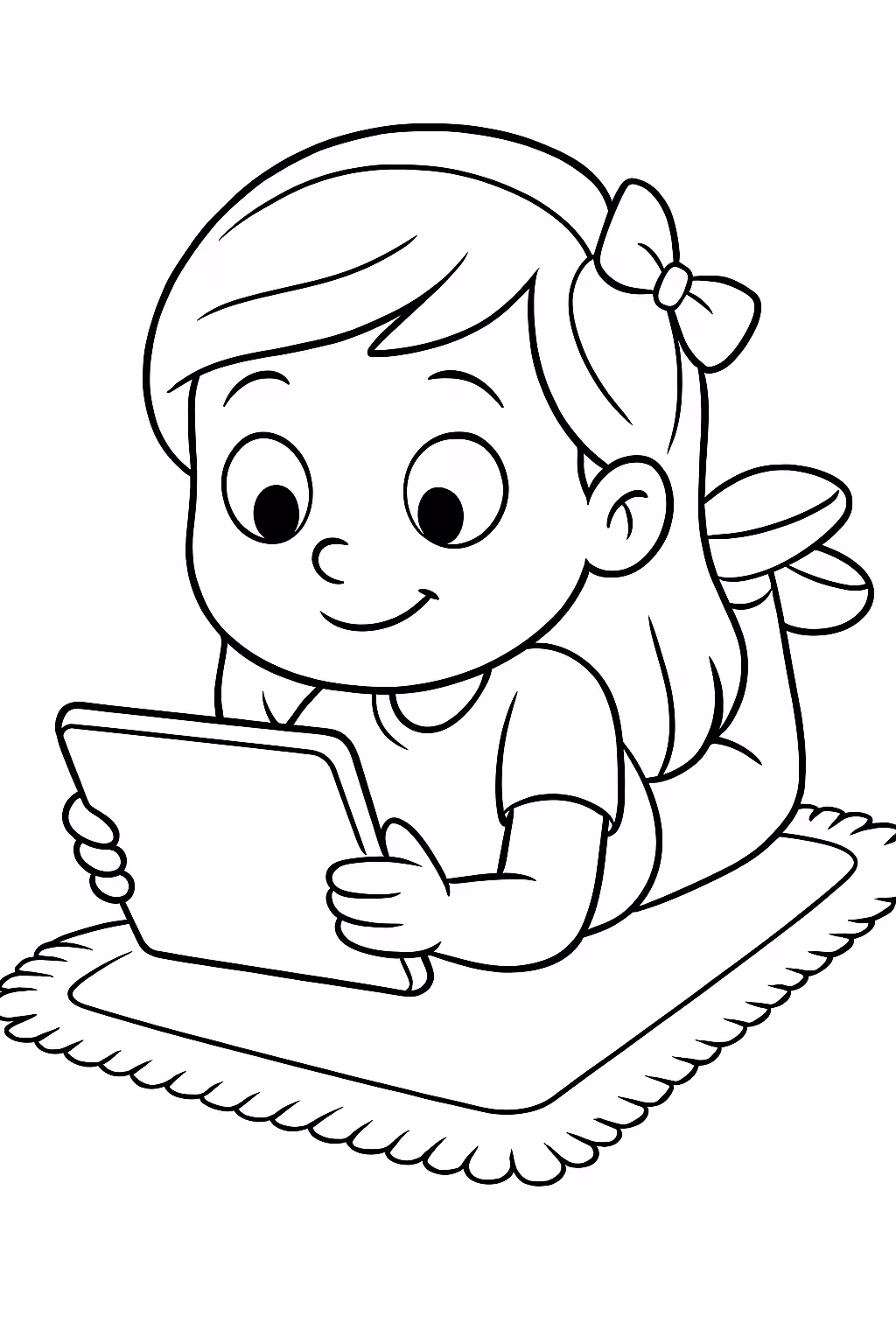 Um menina e seu tablet deitado no tapete para colorir — desenho para imprimir