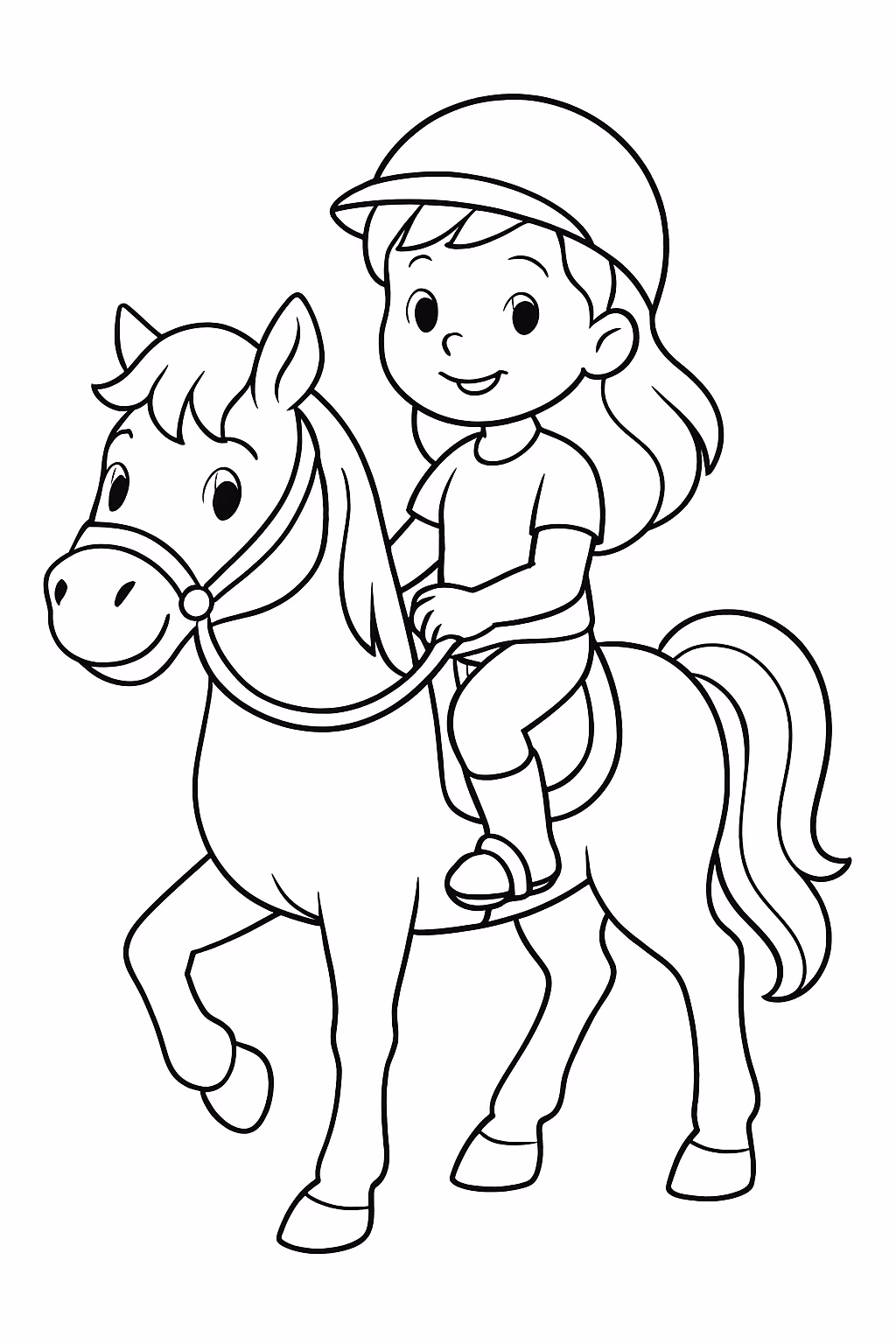 Um menina montada no cavalo para colorir — desenho para imprimir