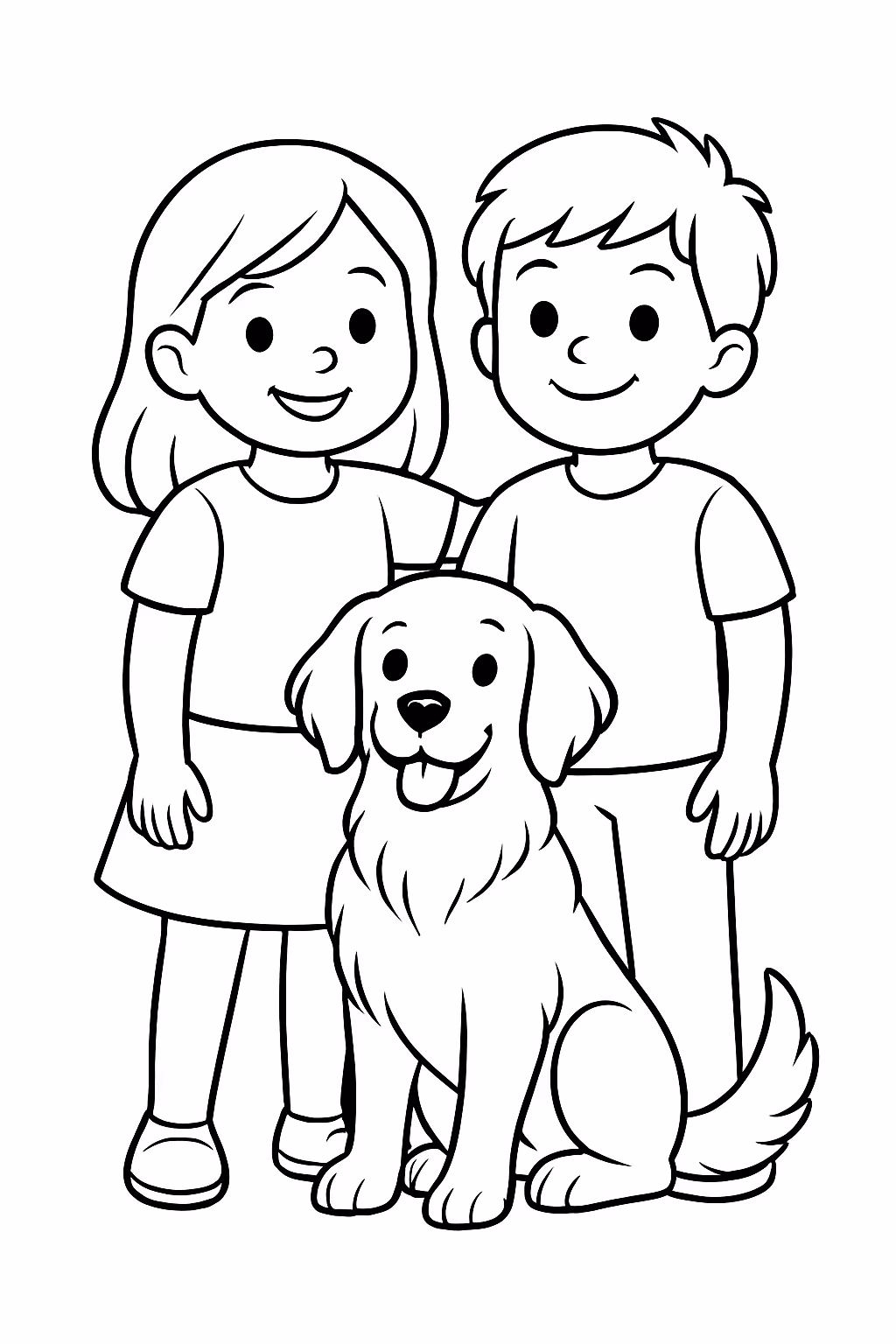 Um menina uma menina que sao irmaos e um cachorro para colorir — desenho para imprimir