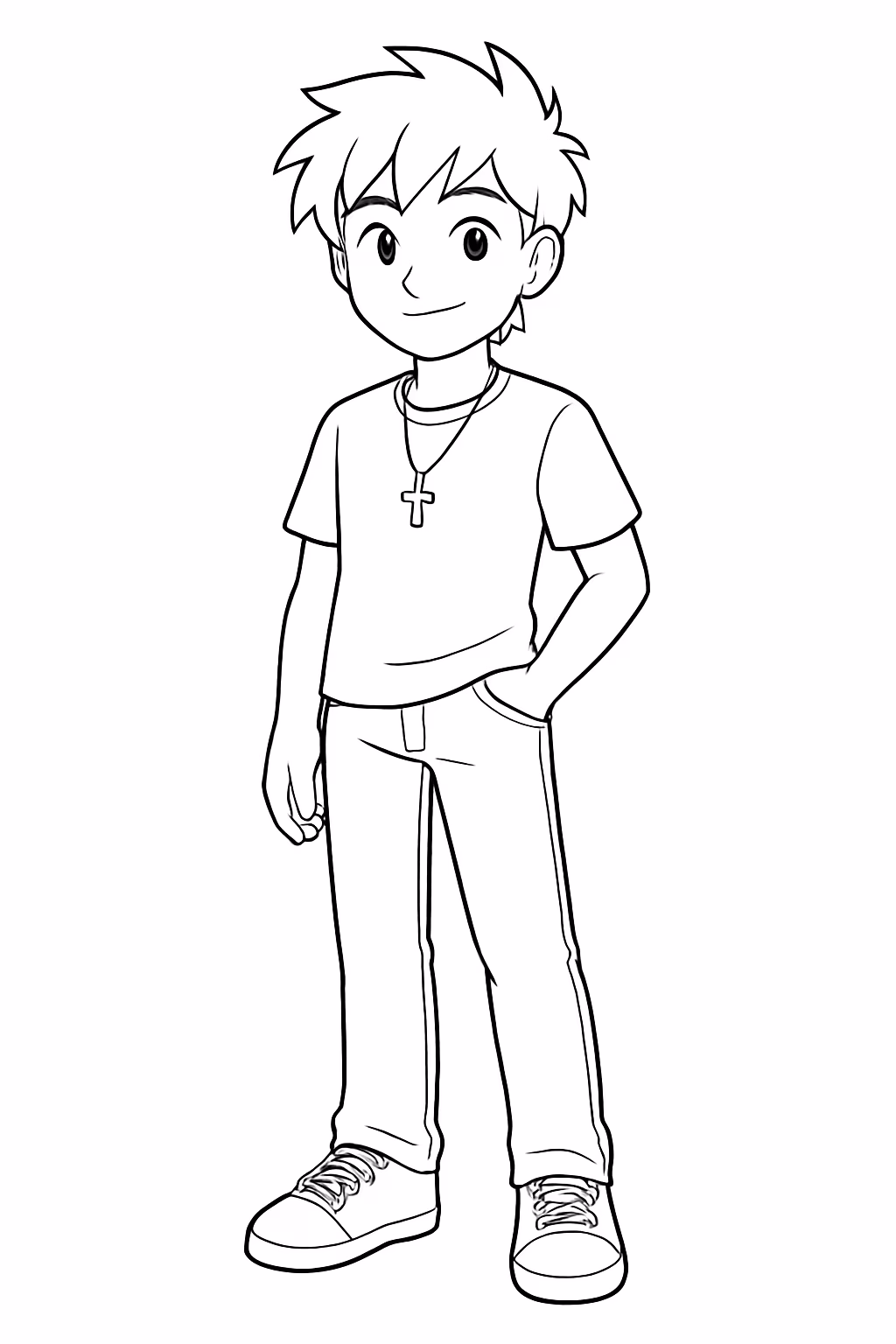 Um menino adolecente anime com blusa e correntinha de cruz para colorir — desenho para imprimir