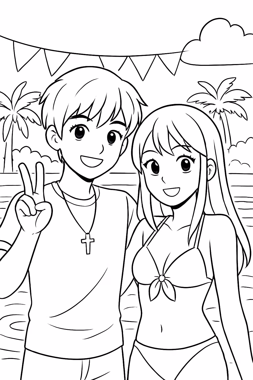 Um menino adolecente anime correntinha de cruz em uma festa para colorir — desenho para imprimir