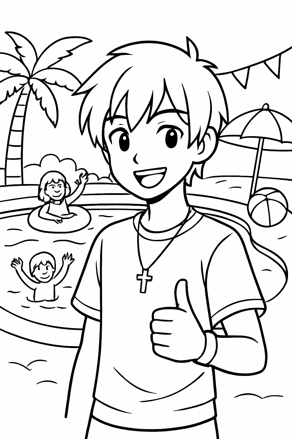 Um menino adolecente anime correntinha de cruz em uma festa para colorir — desenho para imprimir