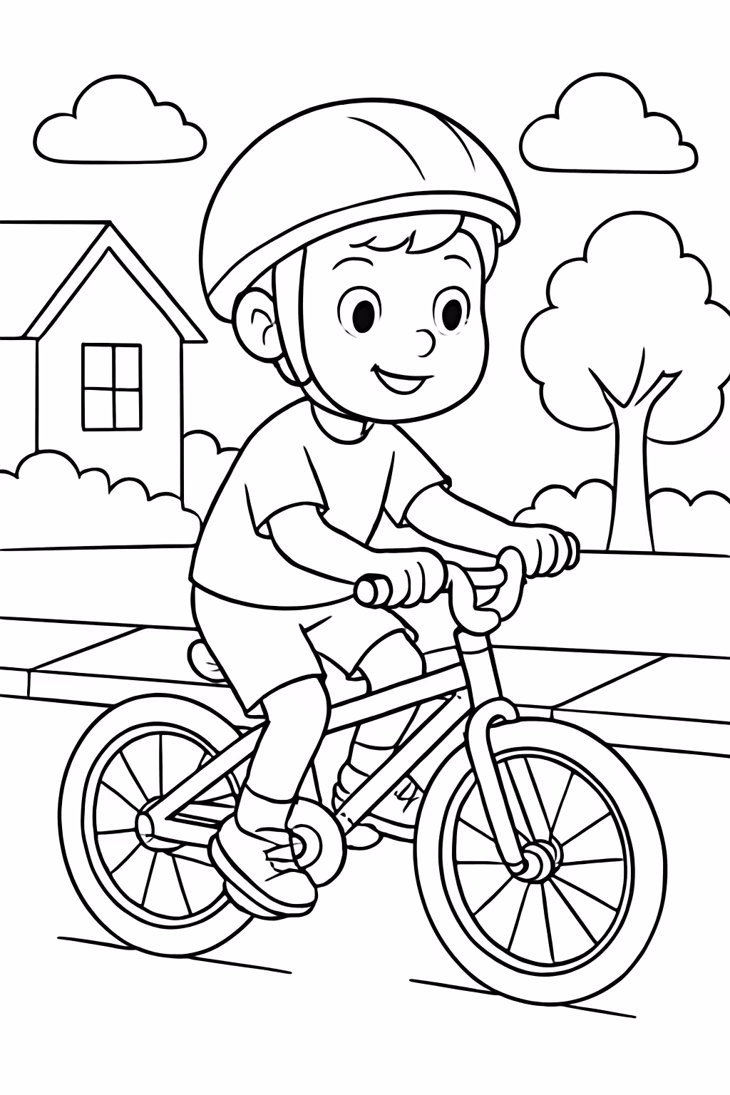 Um menino andando de bicicleta na rua para colorir — desenho para imprimir