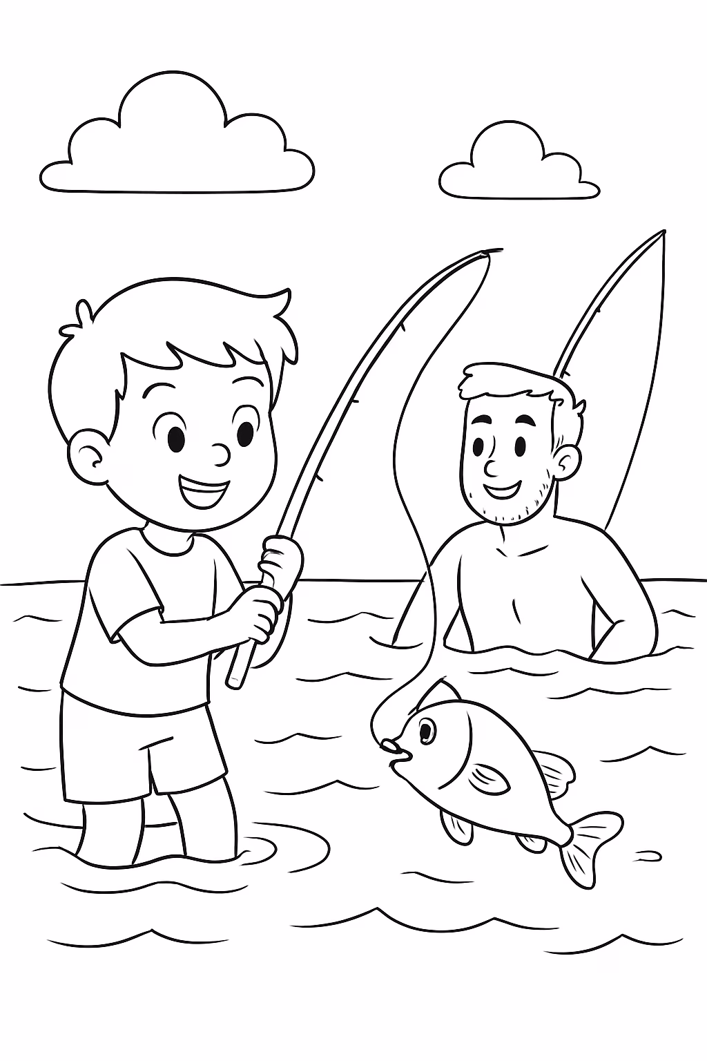 Um menino com homem nadando e pescando para colorir — desenho para imprimir
