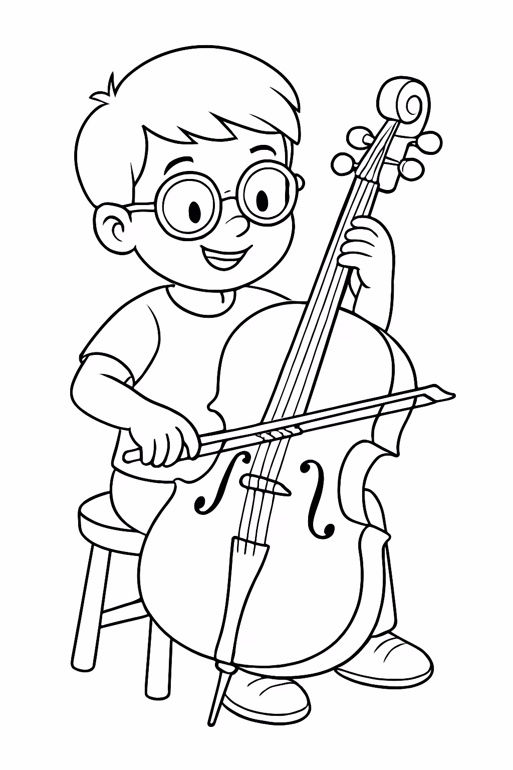 Um menino com oculos tocando violoncelo para colorir — desenho para imprimir
